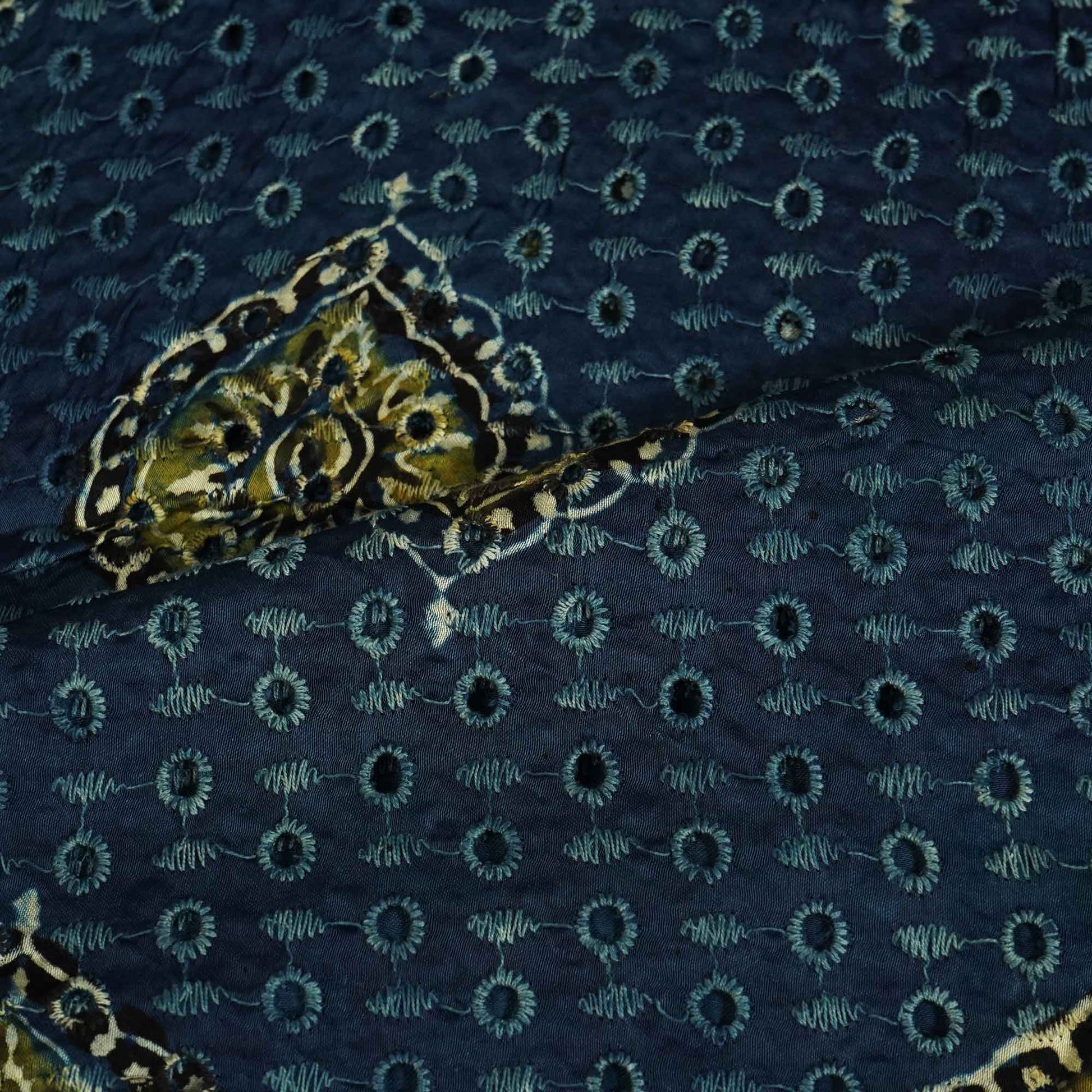 Blue Ajrakh Shiffli Modal Satin Fabric CA-26932  