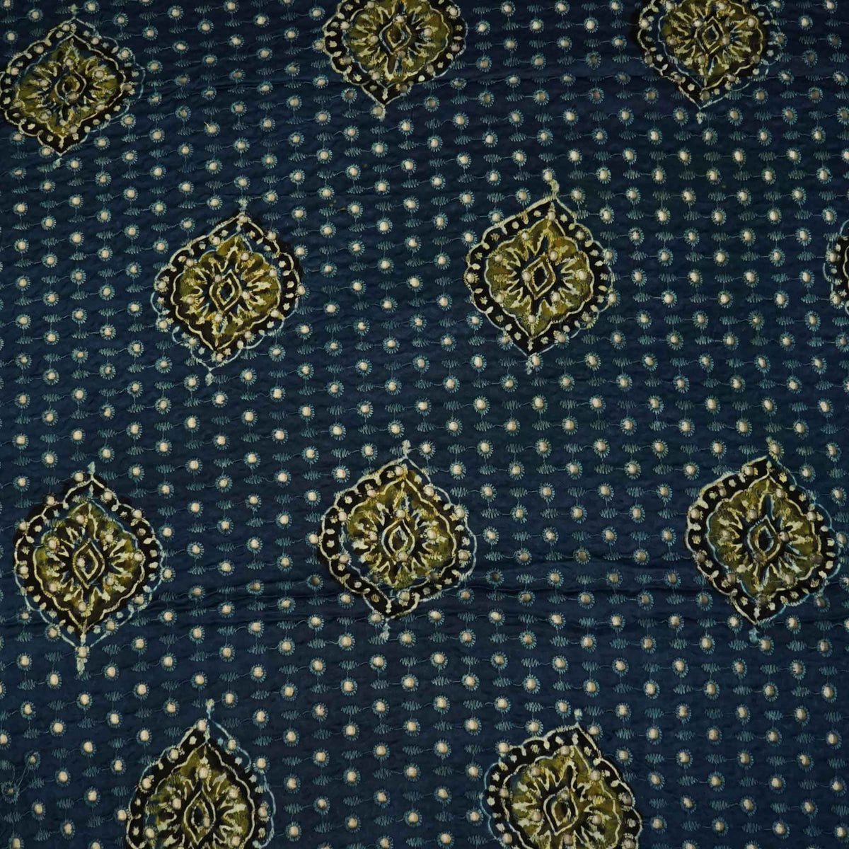 Blue Ajrakh Shiffli Modal Satin Fabric CA-26932  
