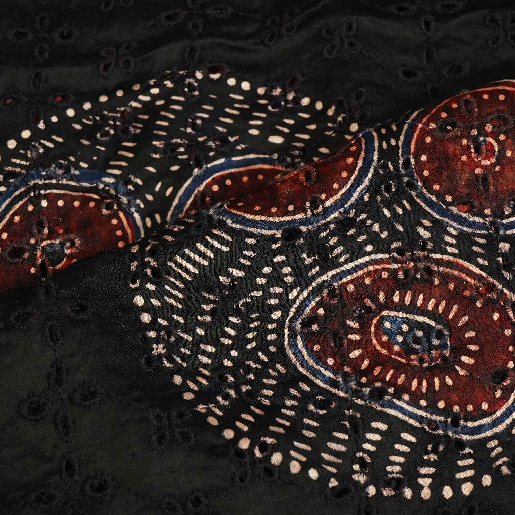Brown Ajrakh Shiffli Modal Satin Fabric CA-26936  