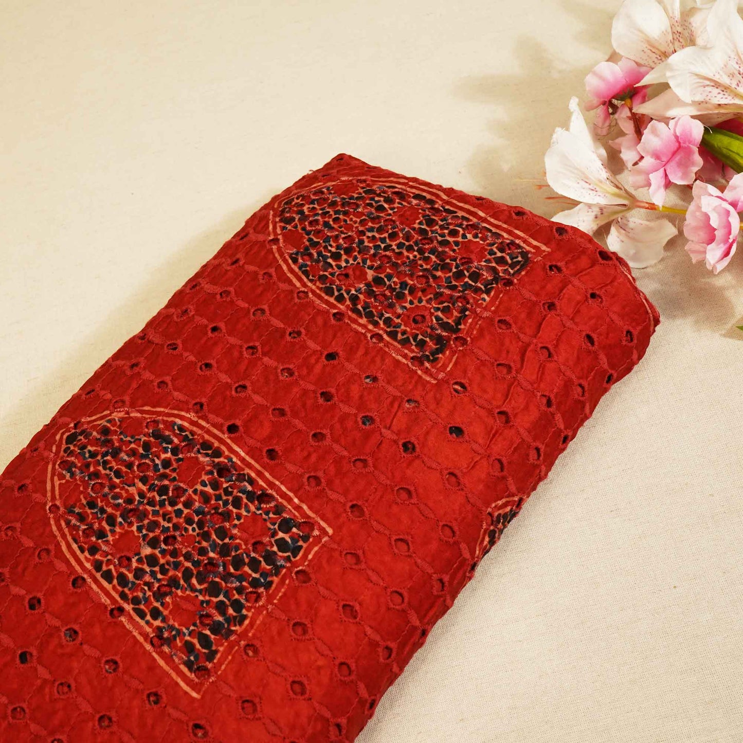 Red Ajrakh Shiffli Modal Satin Fabric CA-26940  