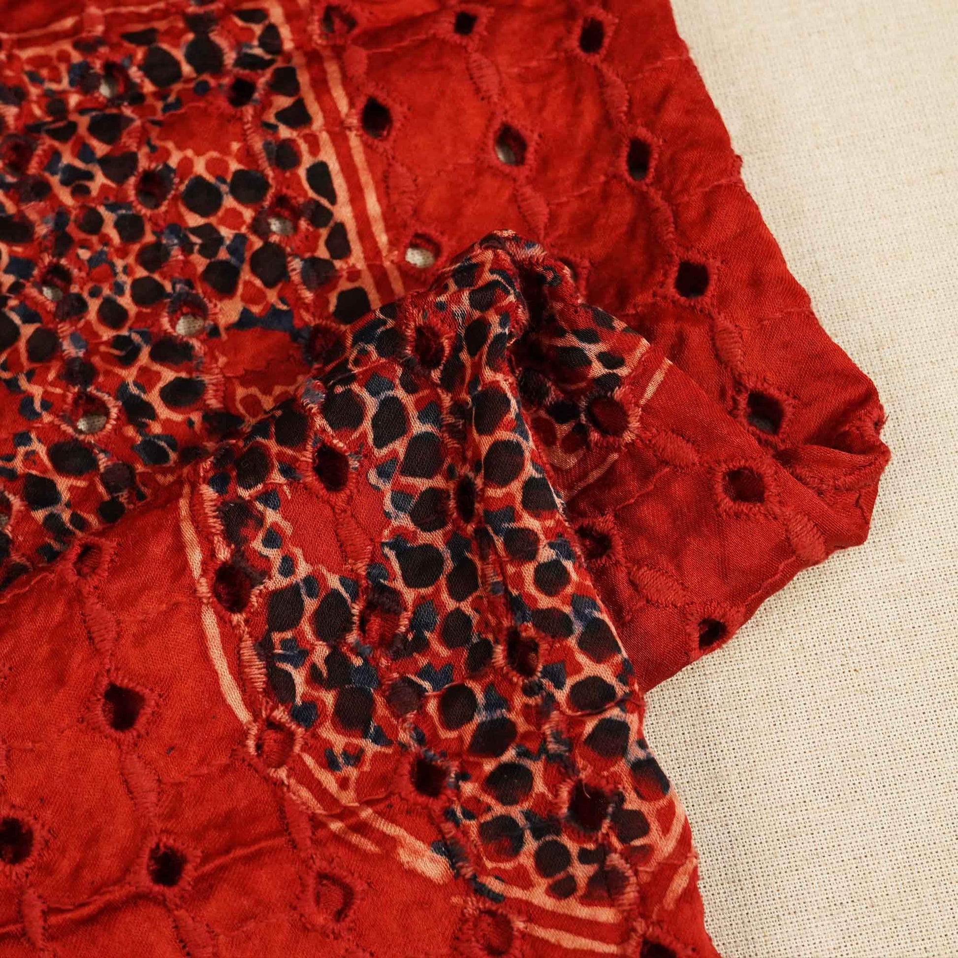 Red Ajrakh Shiffli Modal Satin Fabric CA-26940  