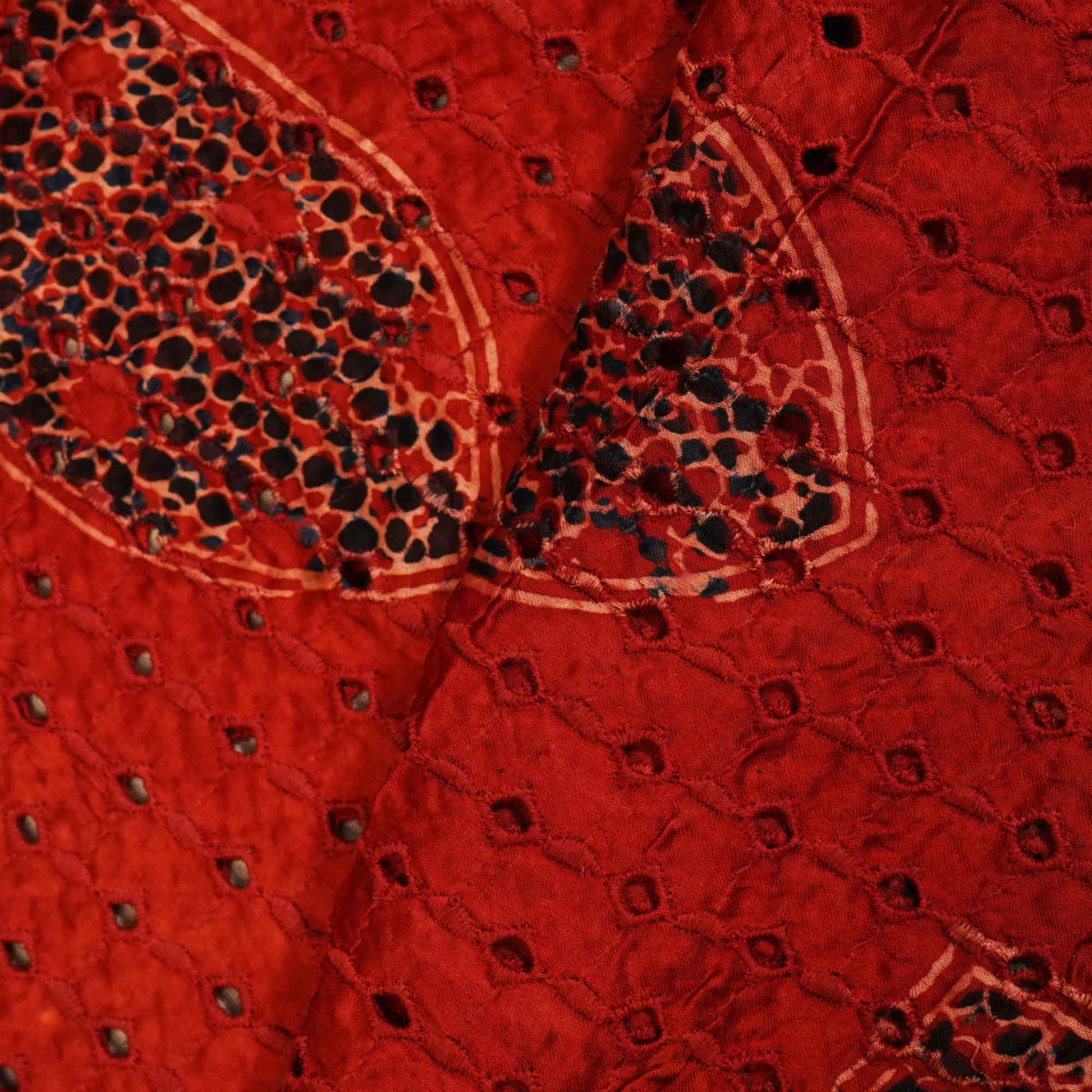 Red Ajrakh Shiffli Modal Satin Fabric CA-26940  