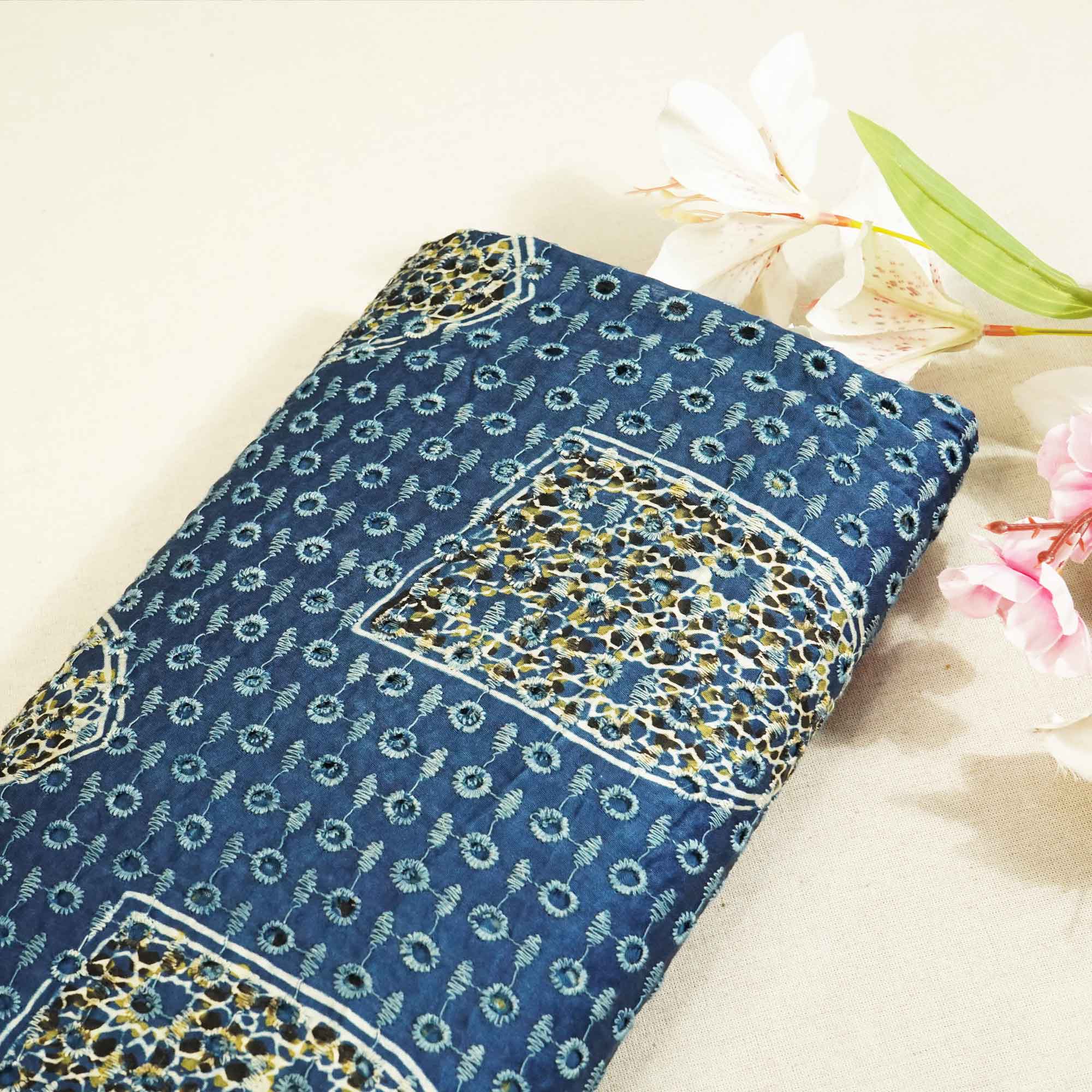 Blue Ajrakh Shiffli Modal Satin Fabric CA-26942  