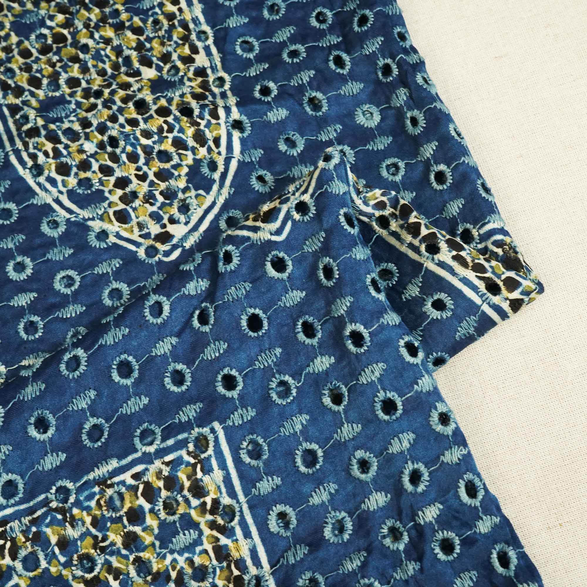 Blue Ajrakh Shiffli Modal Satin Fabric CA-26942  