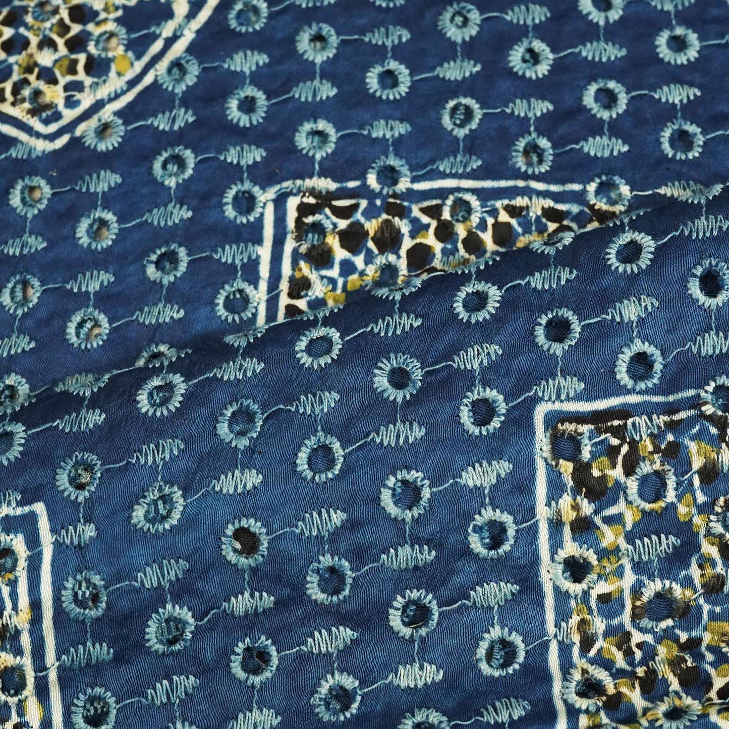 Blue Ajrakh Shiffli Modal Satin Fabric CA-26942  