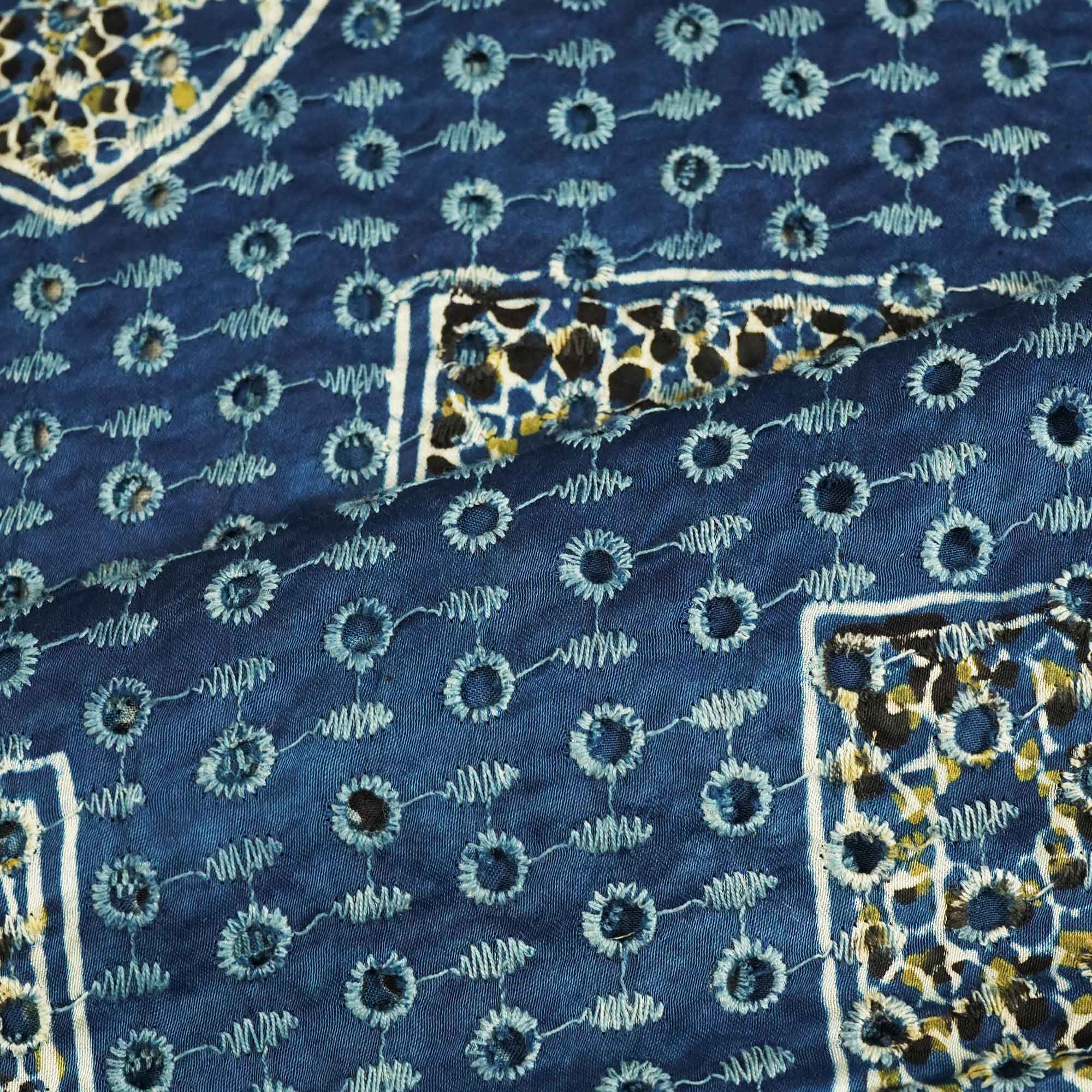 Blue Ajrakh Shiffli Modal Satin Fabric CA-26942  
