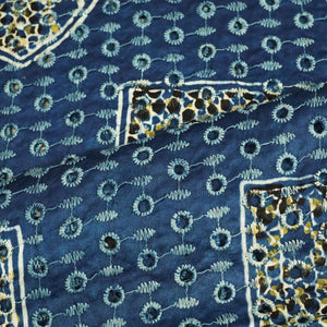 Blue Ajrakh Shiffli Modal Satin Fabric CA-26942  