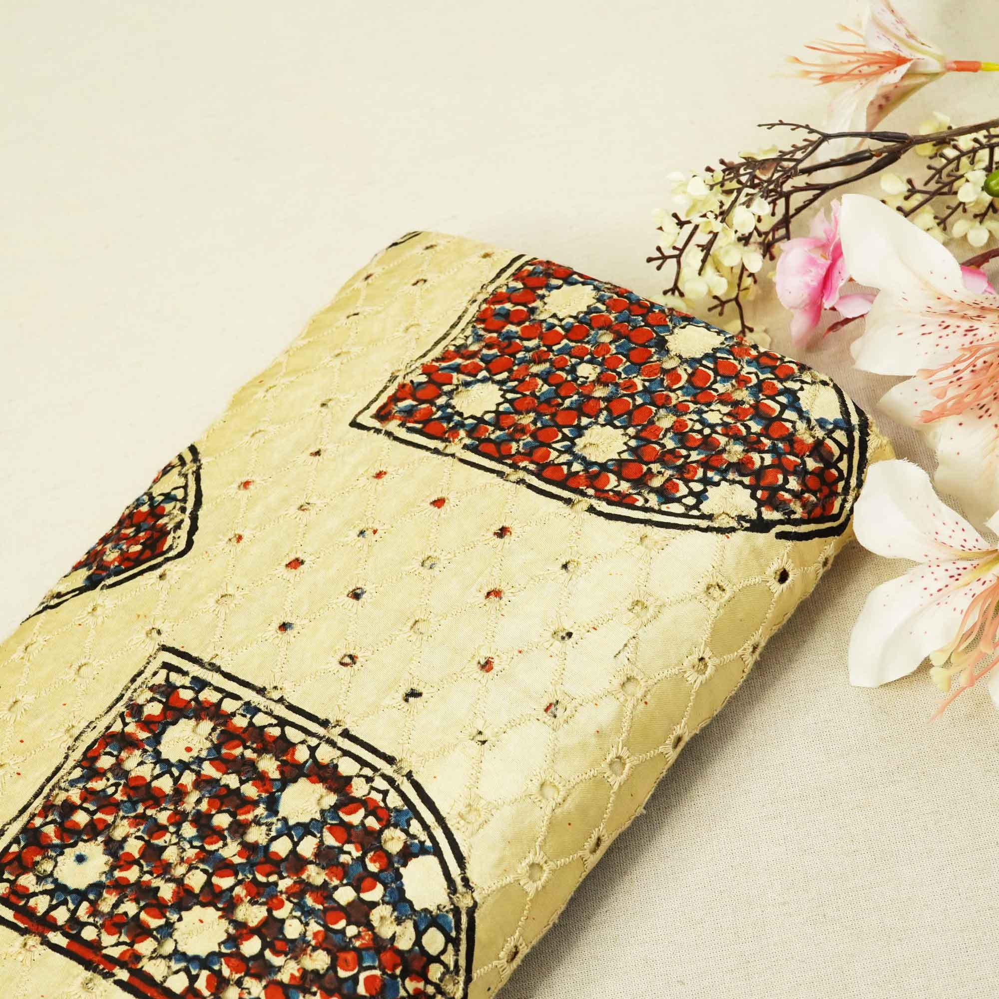 Cream Ajrakh Shiffli Modal Satin Fabric CA-26943  