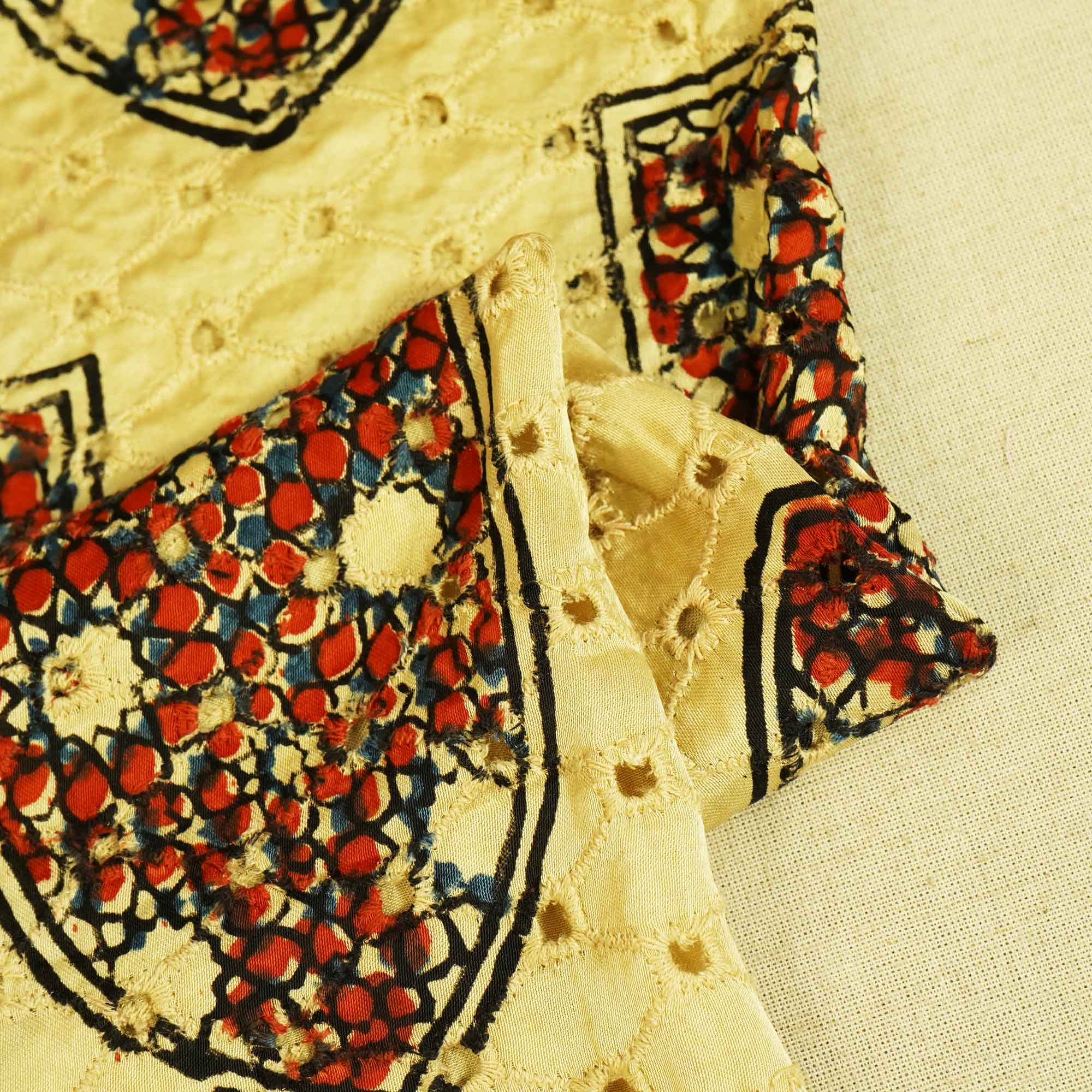 Cream Ajrakh Shiffli Modal Satin Fabric CA-26943  