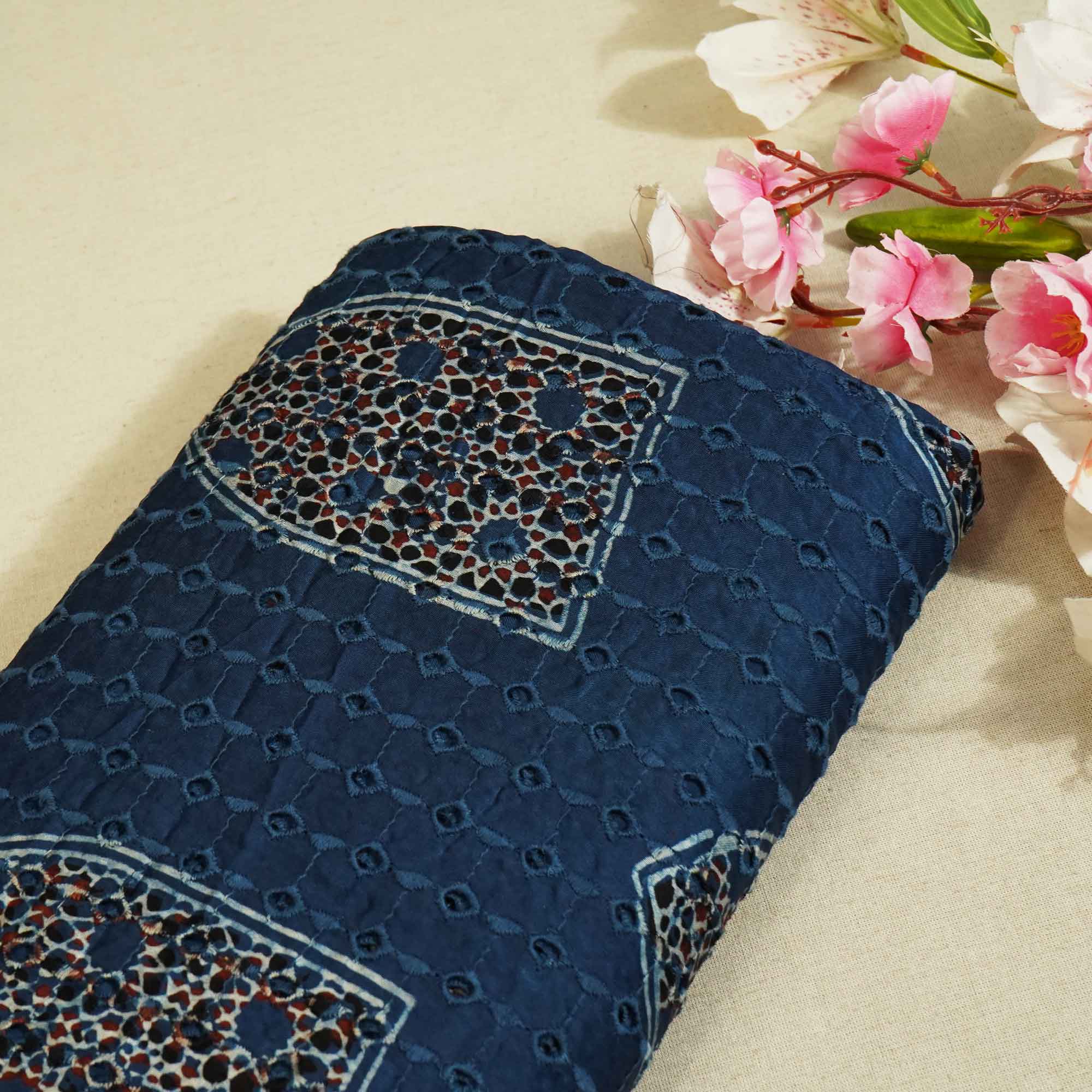 Blue Ajrakh Shiffli Modal Satin Fabric CA-26944  