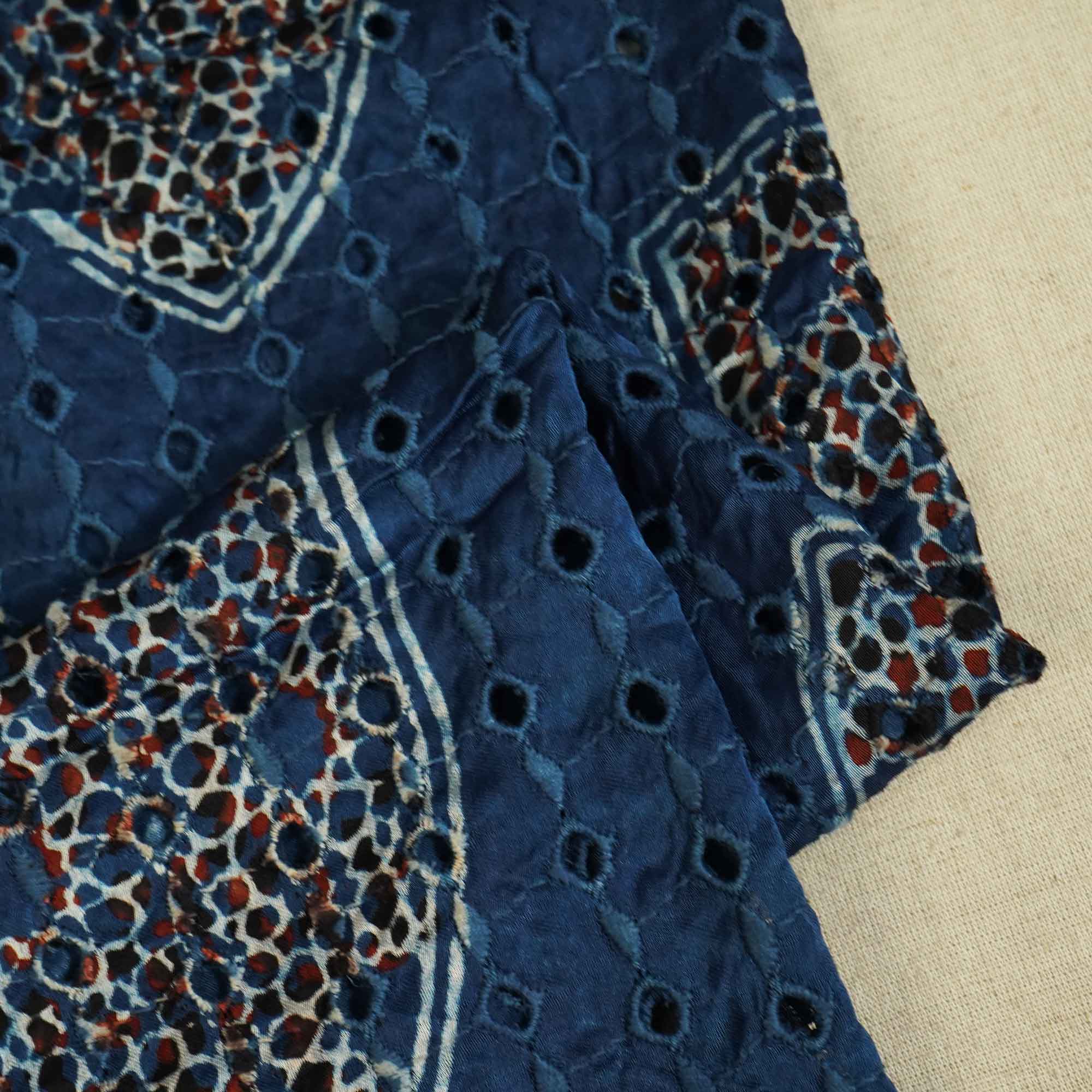 Blue Ajrakh Shiffli Modal Satin Fabric CA-26944  
