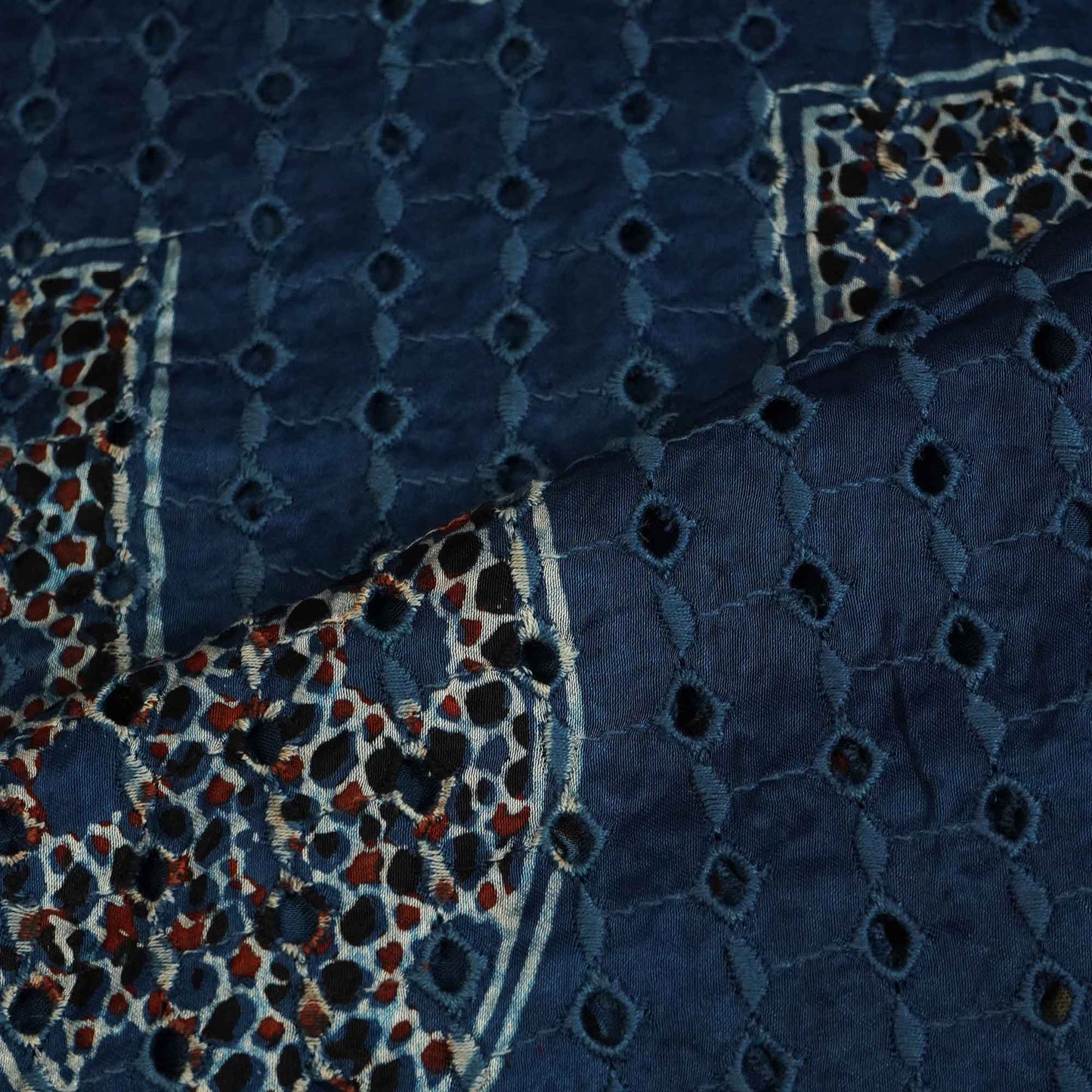 Blue Ajrakh Shiffli Modal Satin Fabric CA-26944  