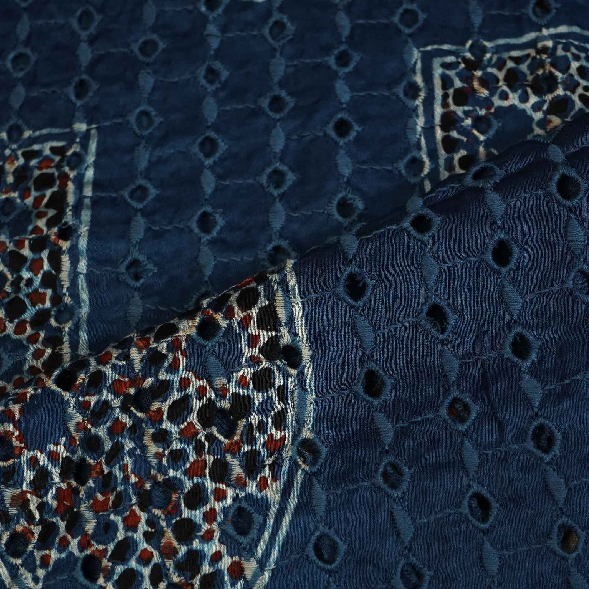 Blue Ajrakh Shiffli Modal Satin Fabric CA-26944  