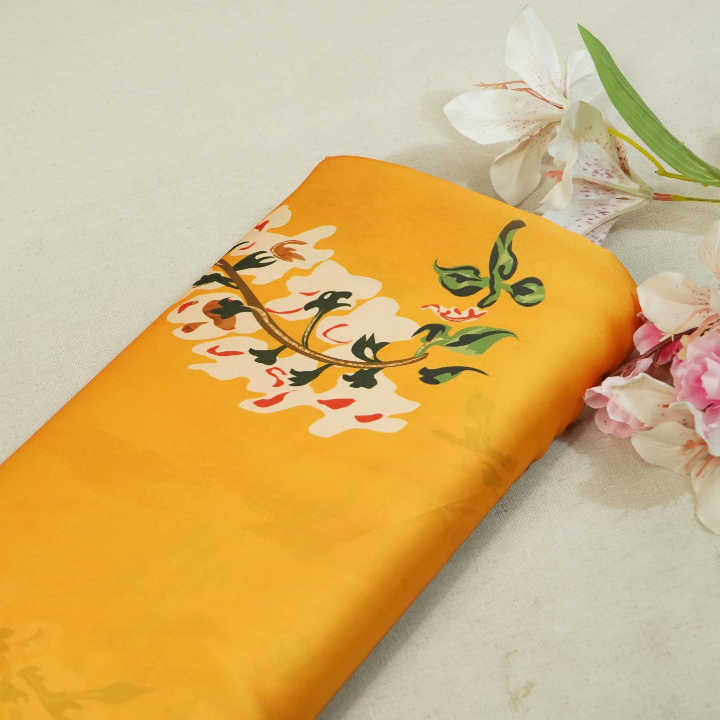 Yellow Floral Print Satin Georgette -MTF-26945