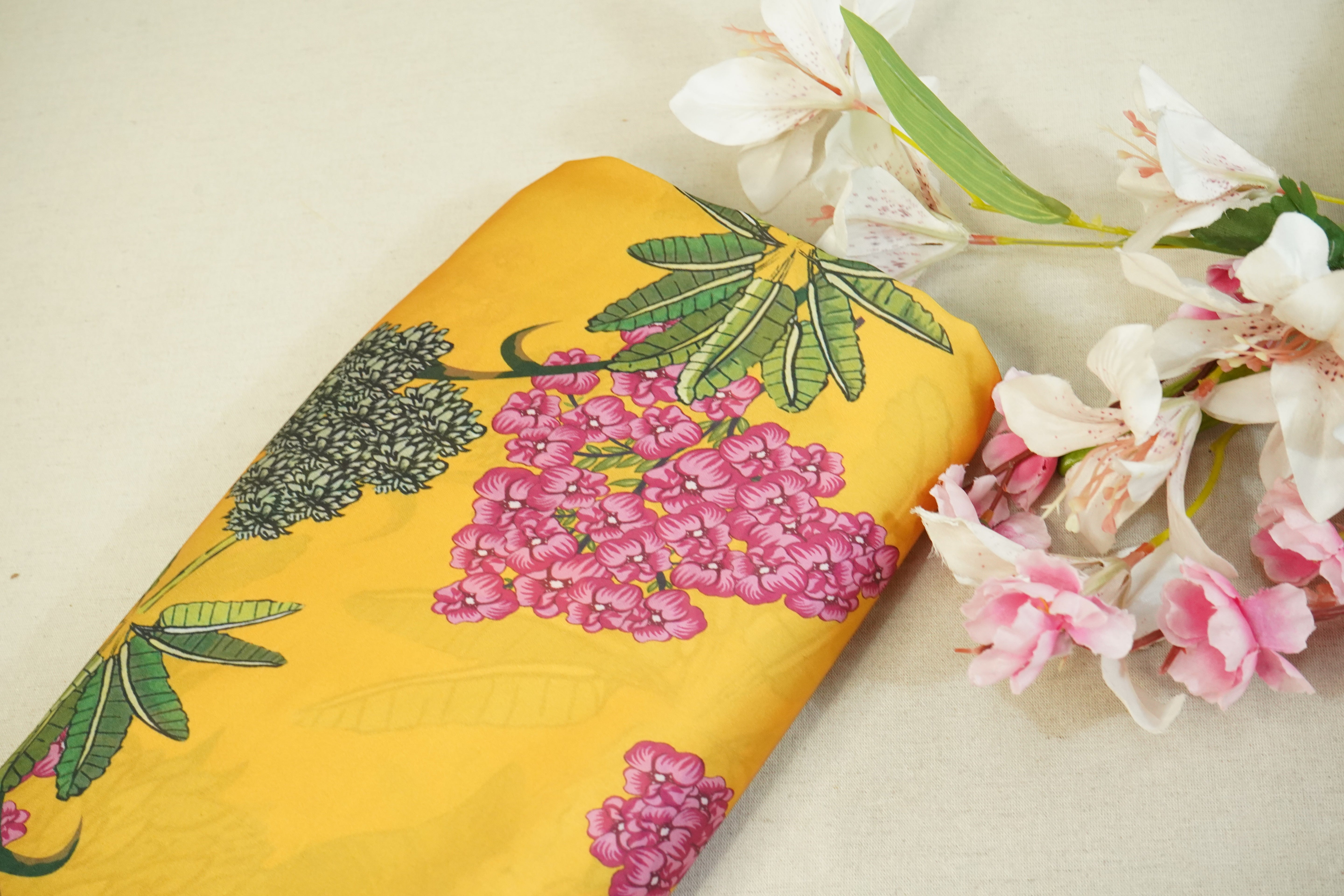 Yellow Floral Print Satin Georgette-MTF-26947 - TradeUNO