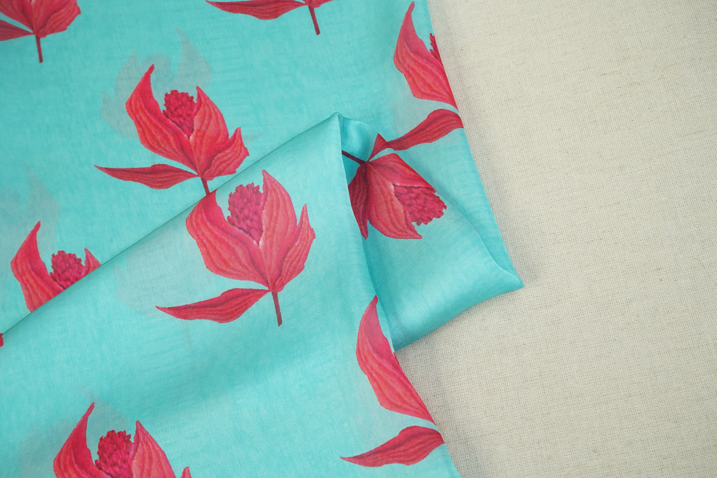 Light Blue Floral Print Satin Georgette-MTF-26949