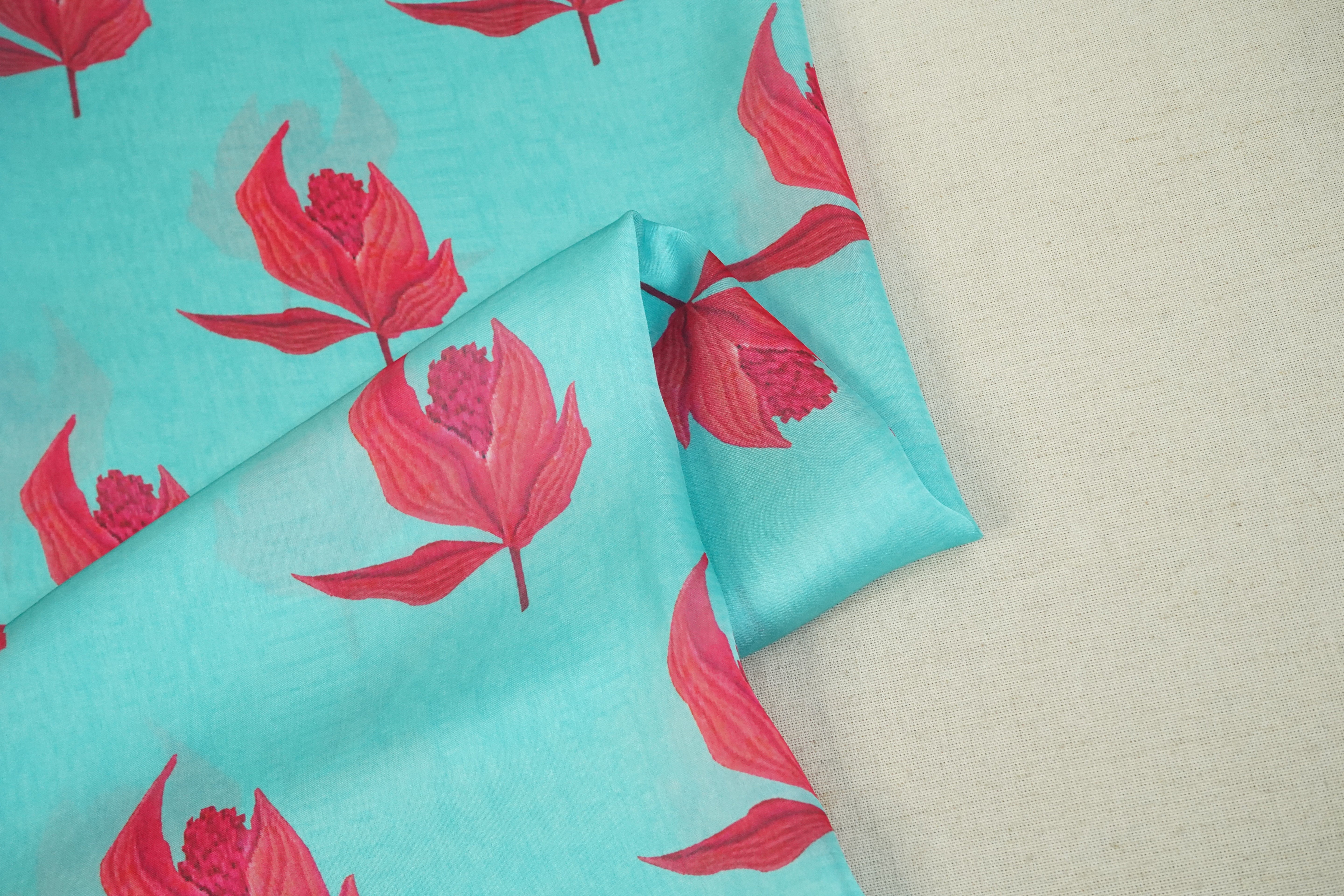 Light Blue Floral Print Satin Georgette-MTF-26949 - TradeUNO
