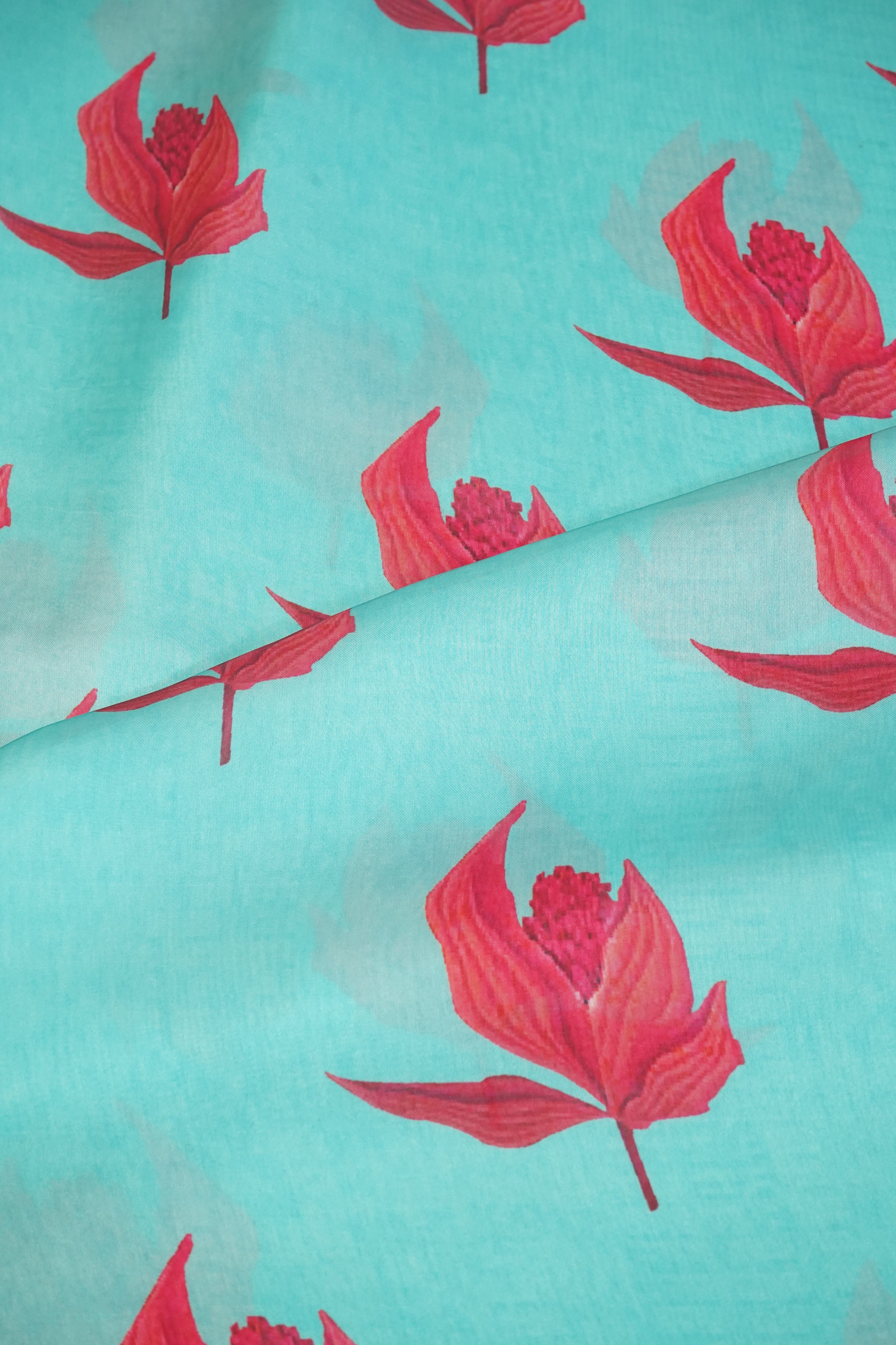 Light Blue Floral Print Satin Georgette-MTF-26949 - TradeUNO