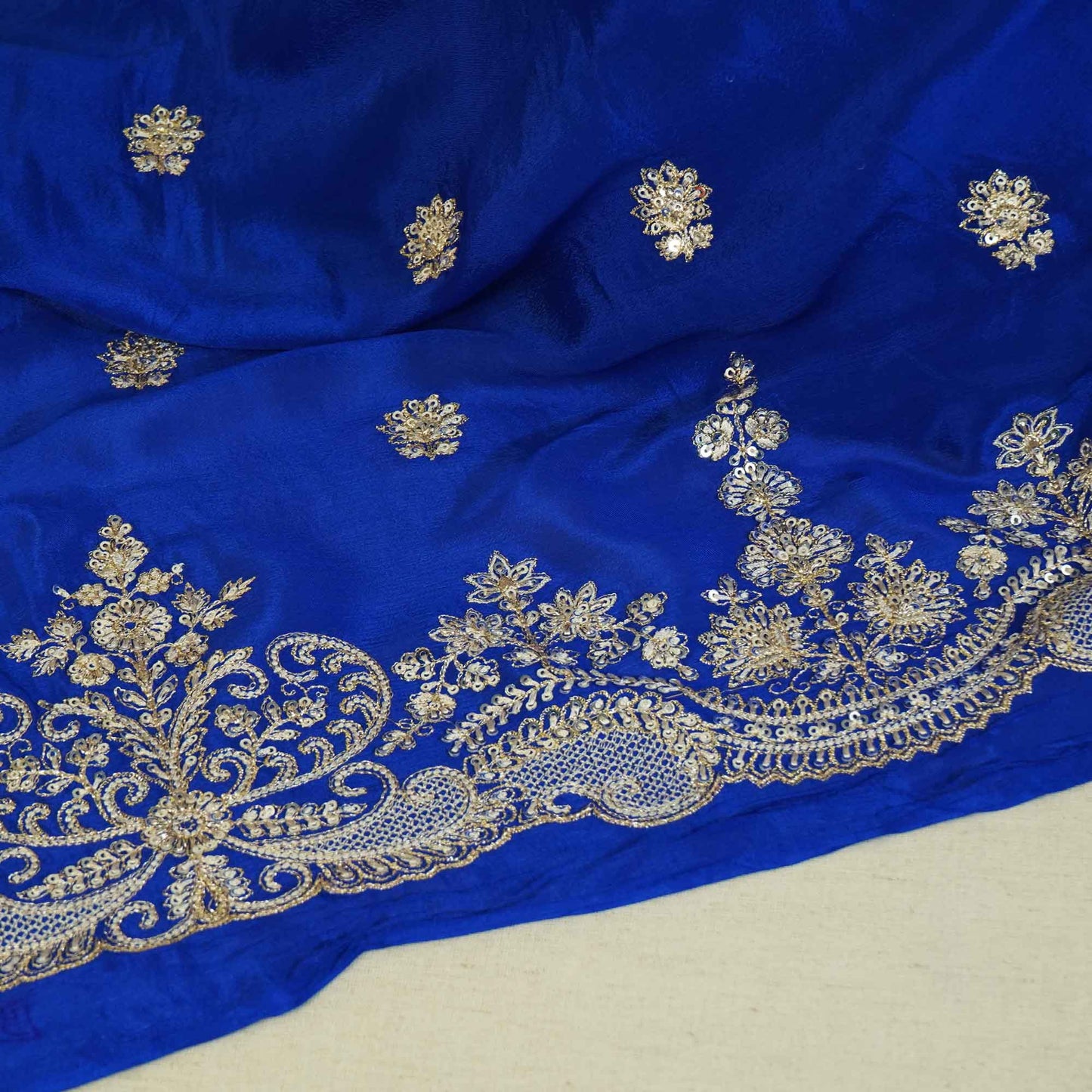 Blue Silver Zari Embroidery Chinon Fabric RA-26950