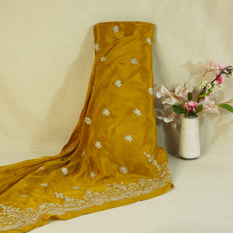 Yellow Silver Zari Embroidery Chinon Fabric RA-26952