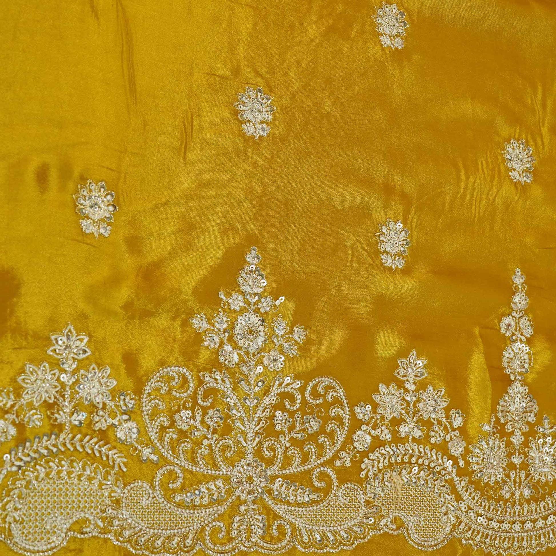 Yellow Silver Zari Embroidery Chinon Fabric RA-26952