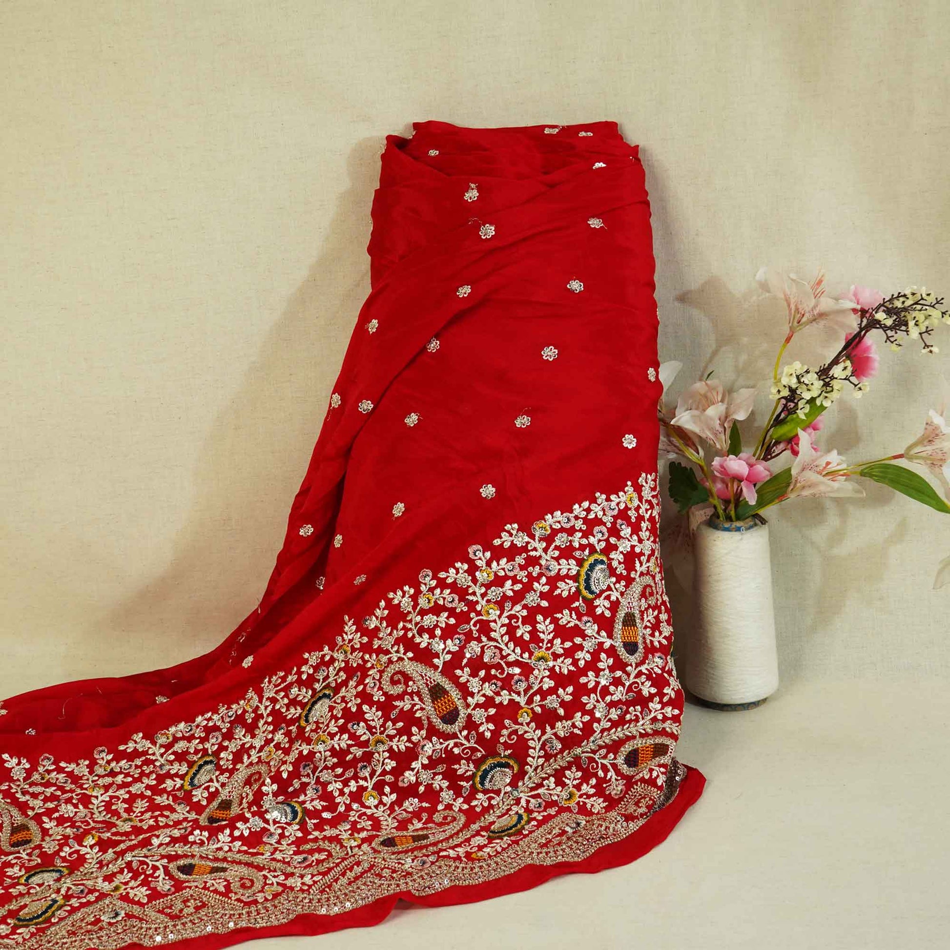Red Thread Embroidery Chinon Fabric RA-26956
