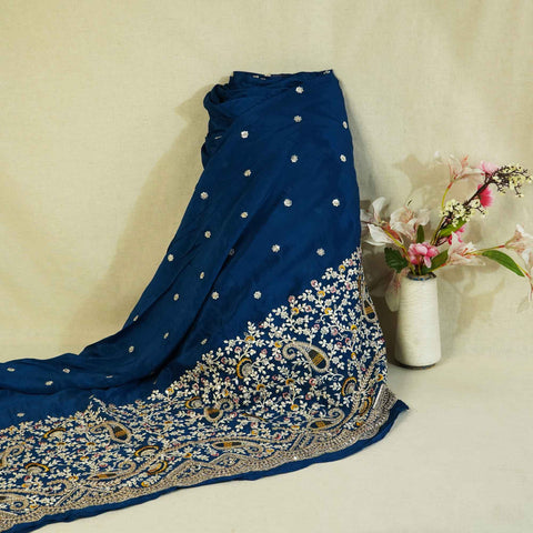 Navy Blue Thread Embroidery Chinon Fabric RA-26957