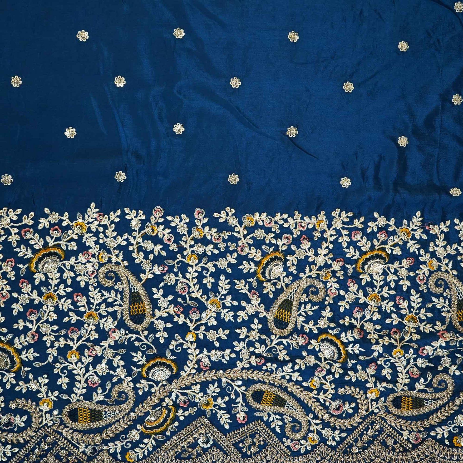 Navy Blue Thread Embroidery Chinon Fabric RA-26957
