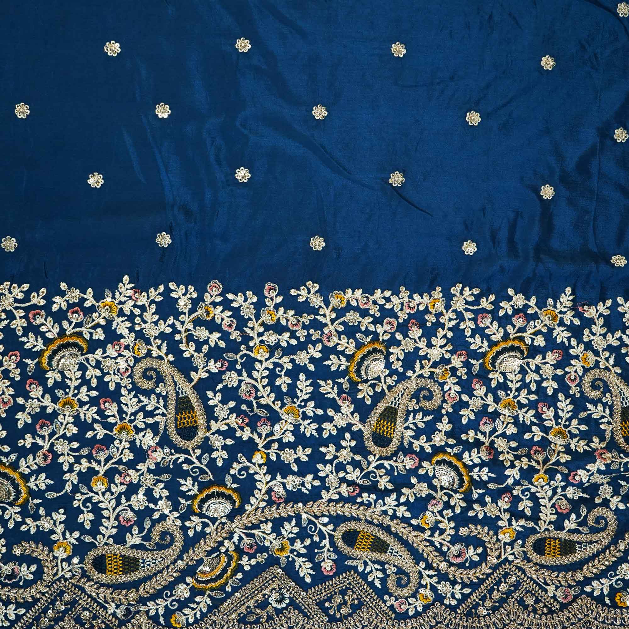 Navy Blue Thread Embroidery Chinon Fabric RA-26957
