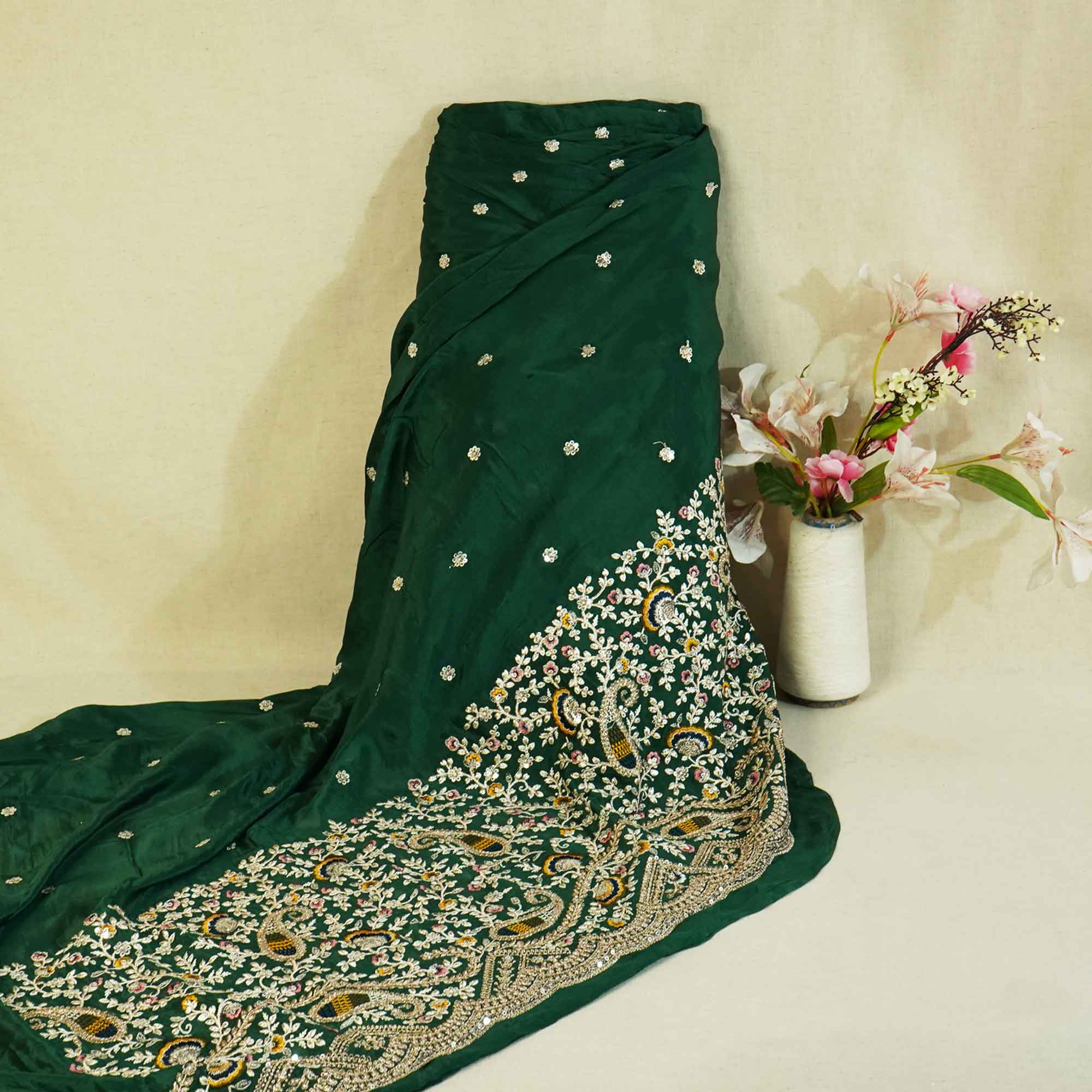 Green Thread Embroidery Chinon Fabric RA-26958