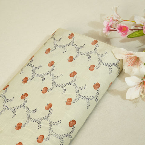 Beige Floral Print Raw Silk Fabric -SNTF-26970