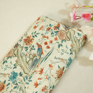 Beige N Orange Floral Raw Silk Fabric-SNTF-26972 - TradeUNO