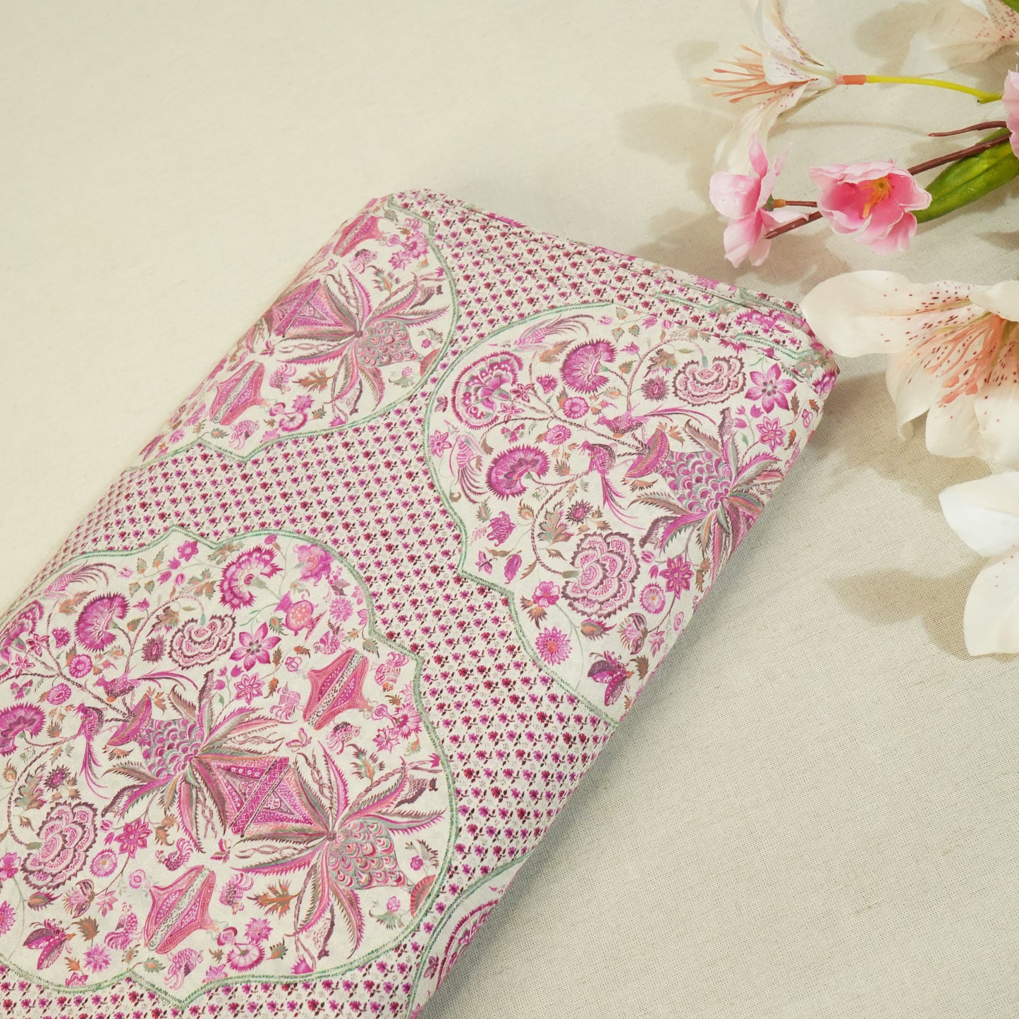 Pink Traditional Print Raw Silk Fabric-SNTF-26977