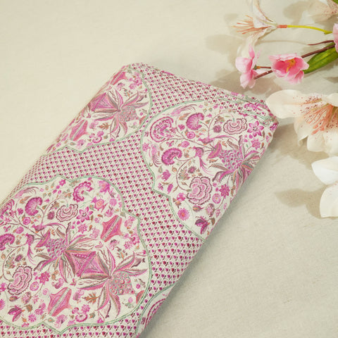 Pink Traditional Print Raw Silk Fabric-SNTF-26977