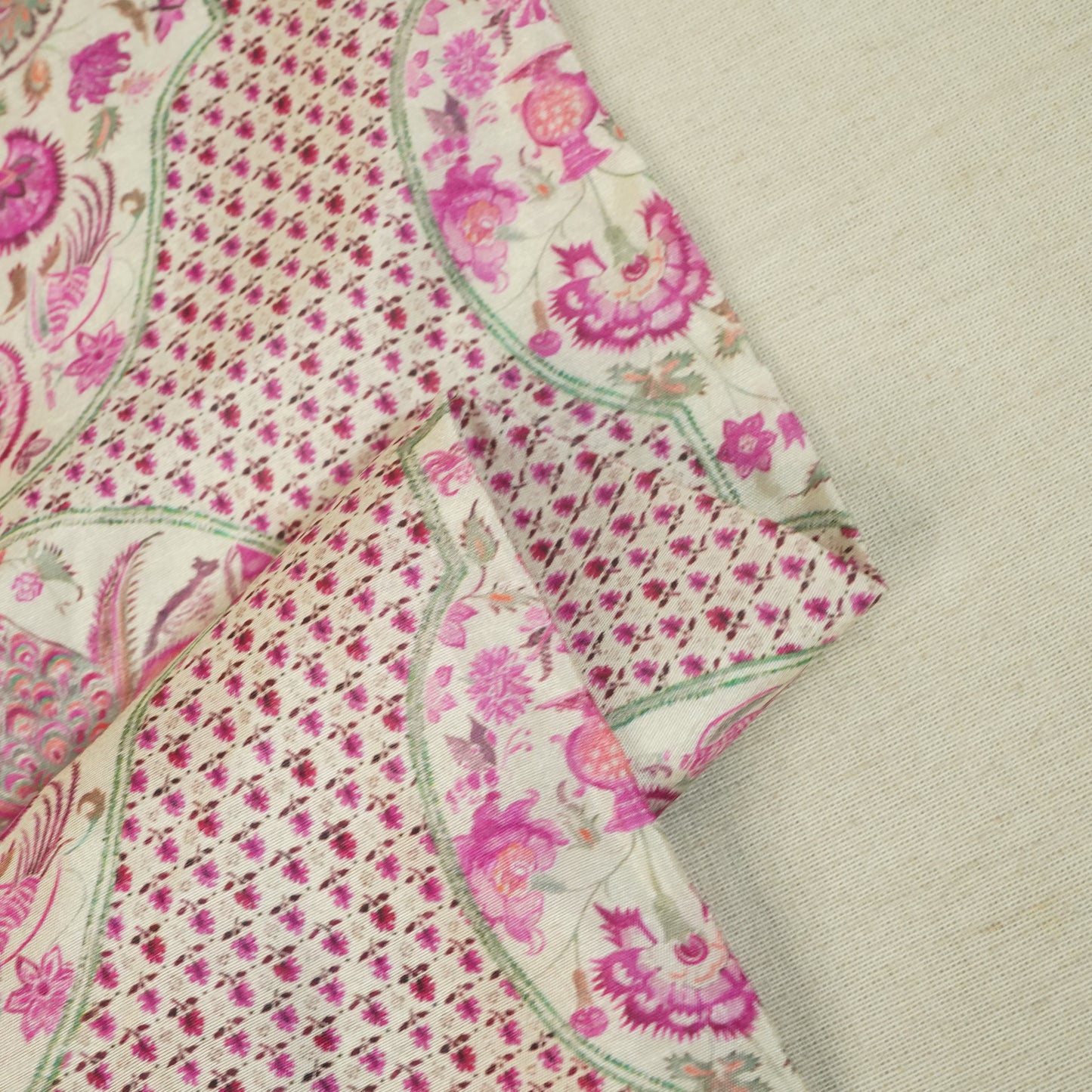 Pink Traditional Print Raw Silk Fabric-SNTF-26977