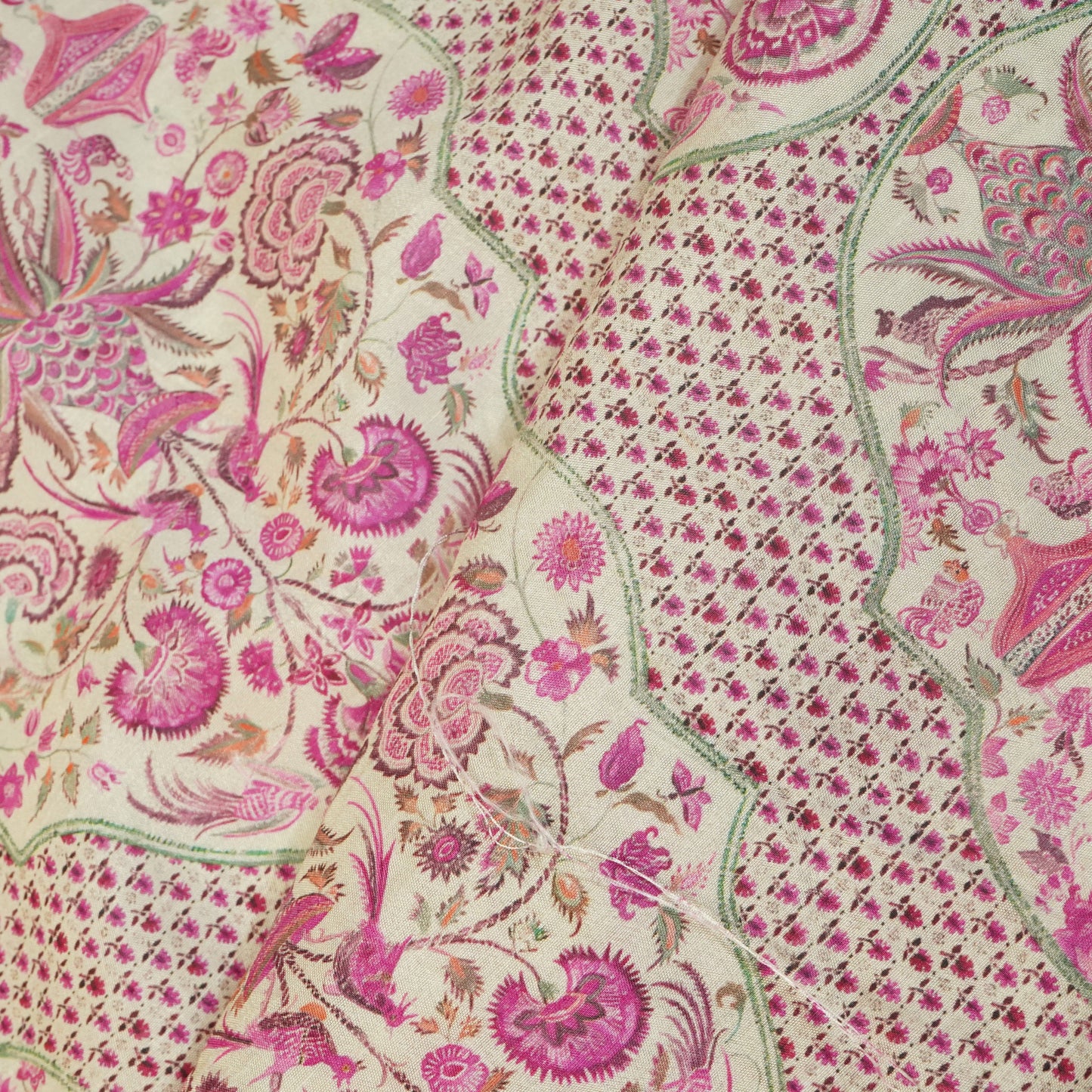 Pink Traditional Print Raw Silk Fabric-SNTF-26977