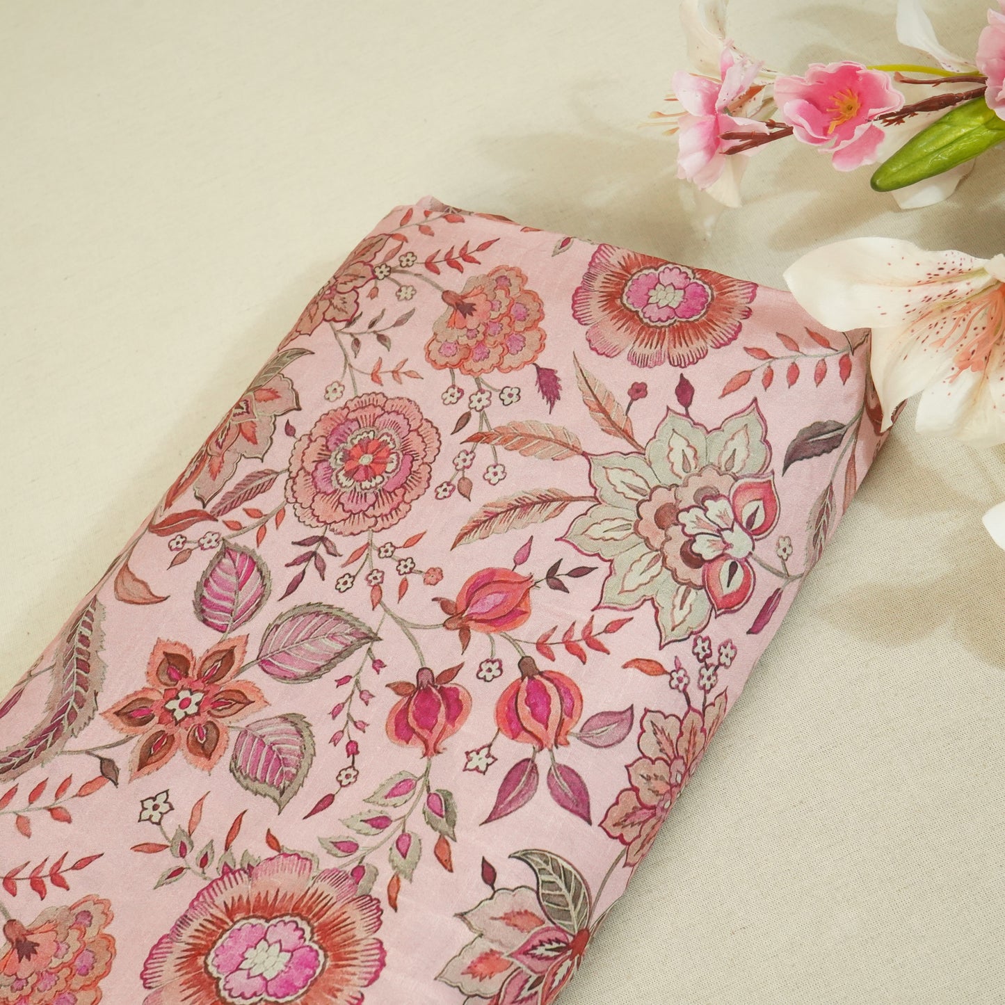 Pink Floral Raw Silk Fabric-SNTF-26978