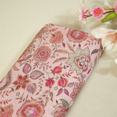 Pink Floral Raw Silk Fabric-SNTF-26978