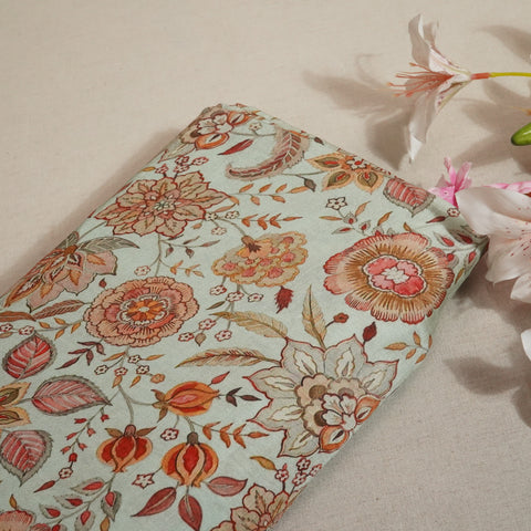 Sea Green Floral Raw Silk Fabric-SNTF-26979