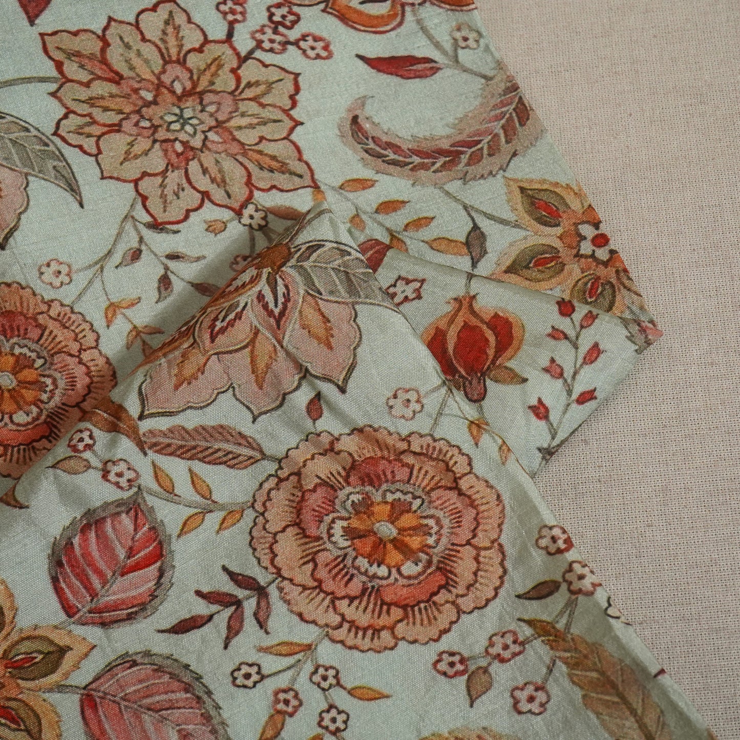 Sea Green Floral Raw Silk Fabric-SNTF-26979