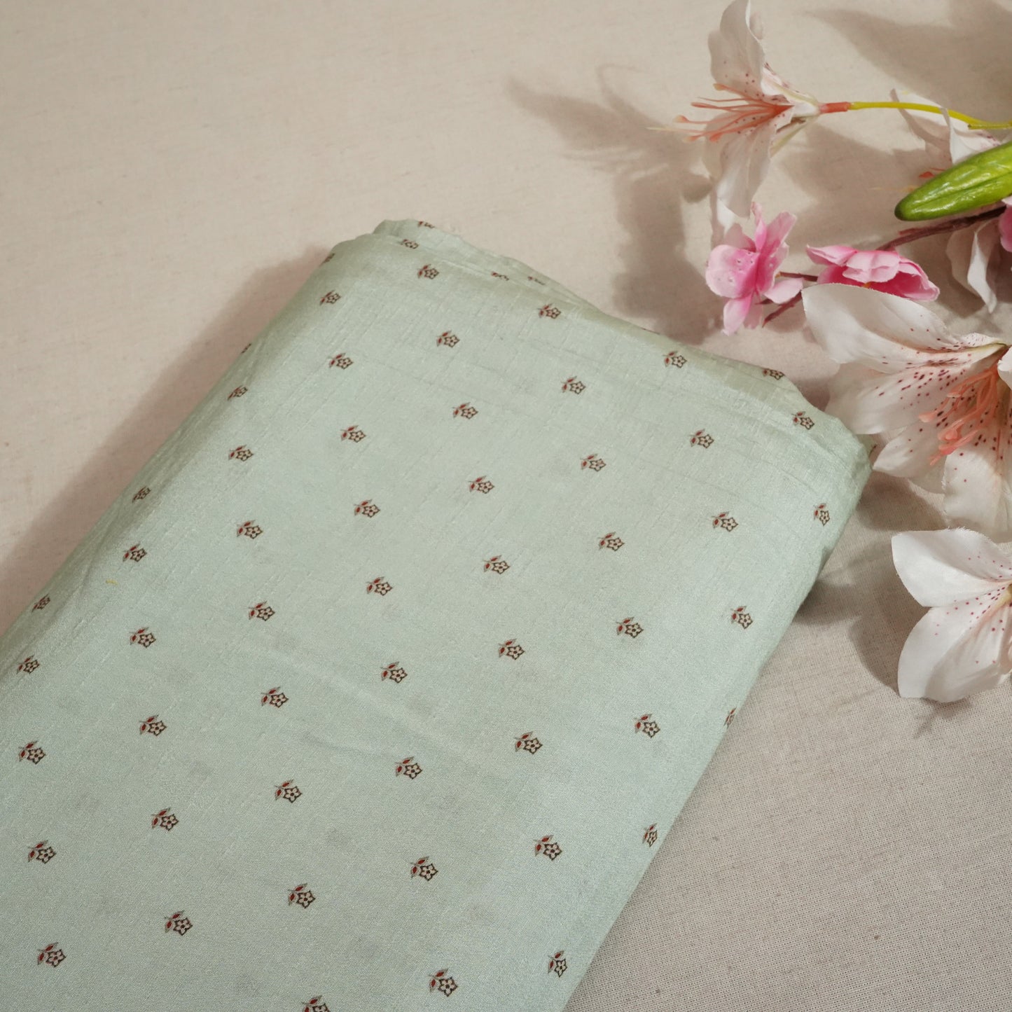 Sea Green Floral Raw Silk Fabric-SNTF-26981