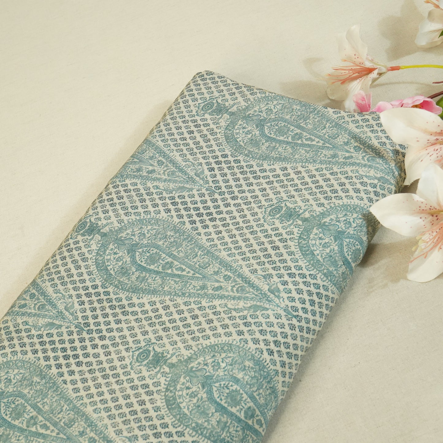 Blue Floral Raw Silk Fabric-SNTF-26982