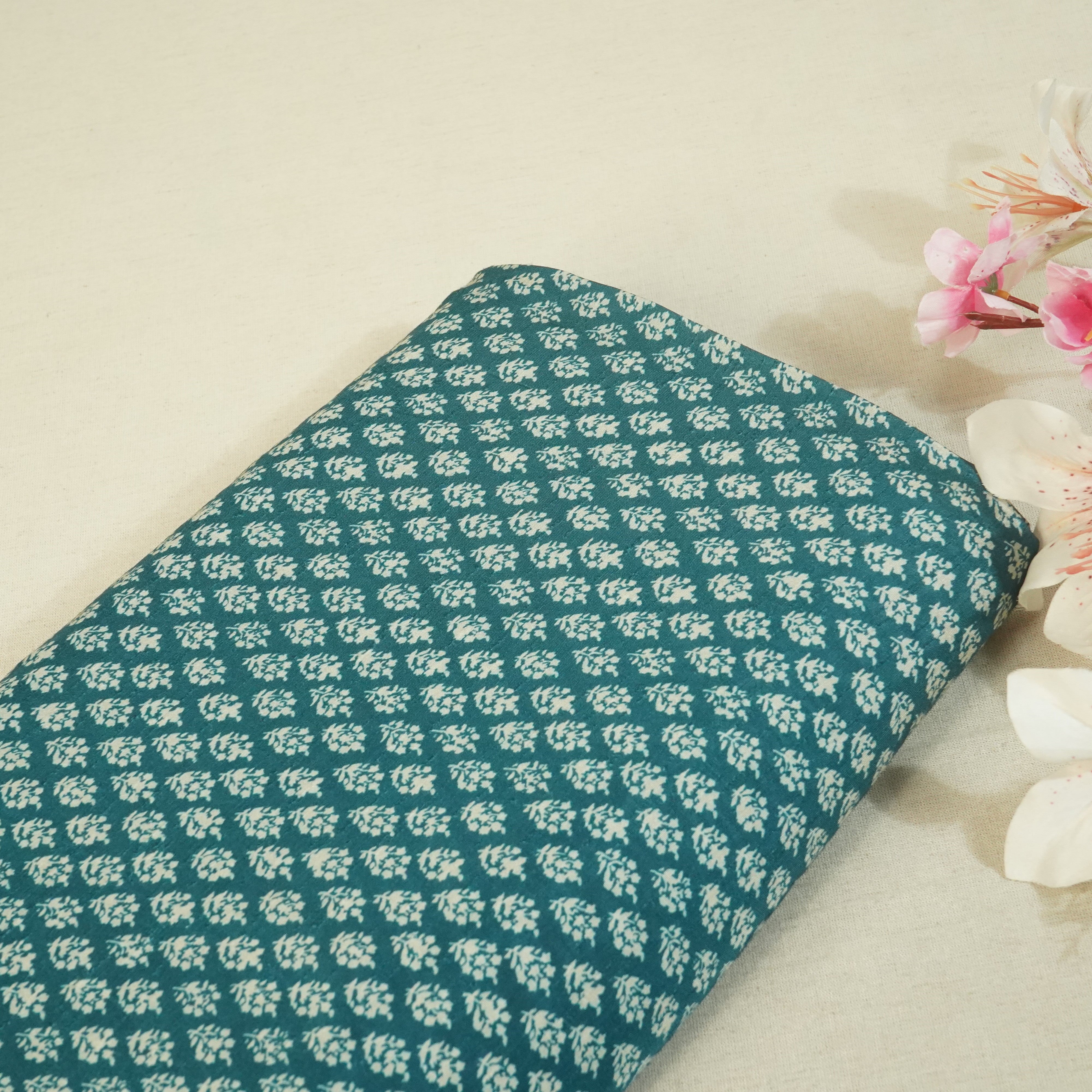 Blue Floral Raw Silk Fabric -SNTF-26983 - TradeUNO
