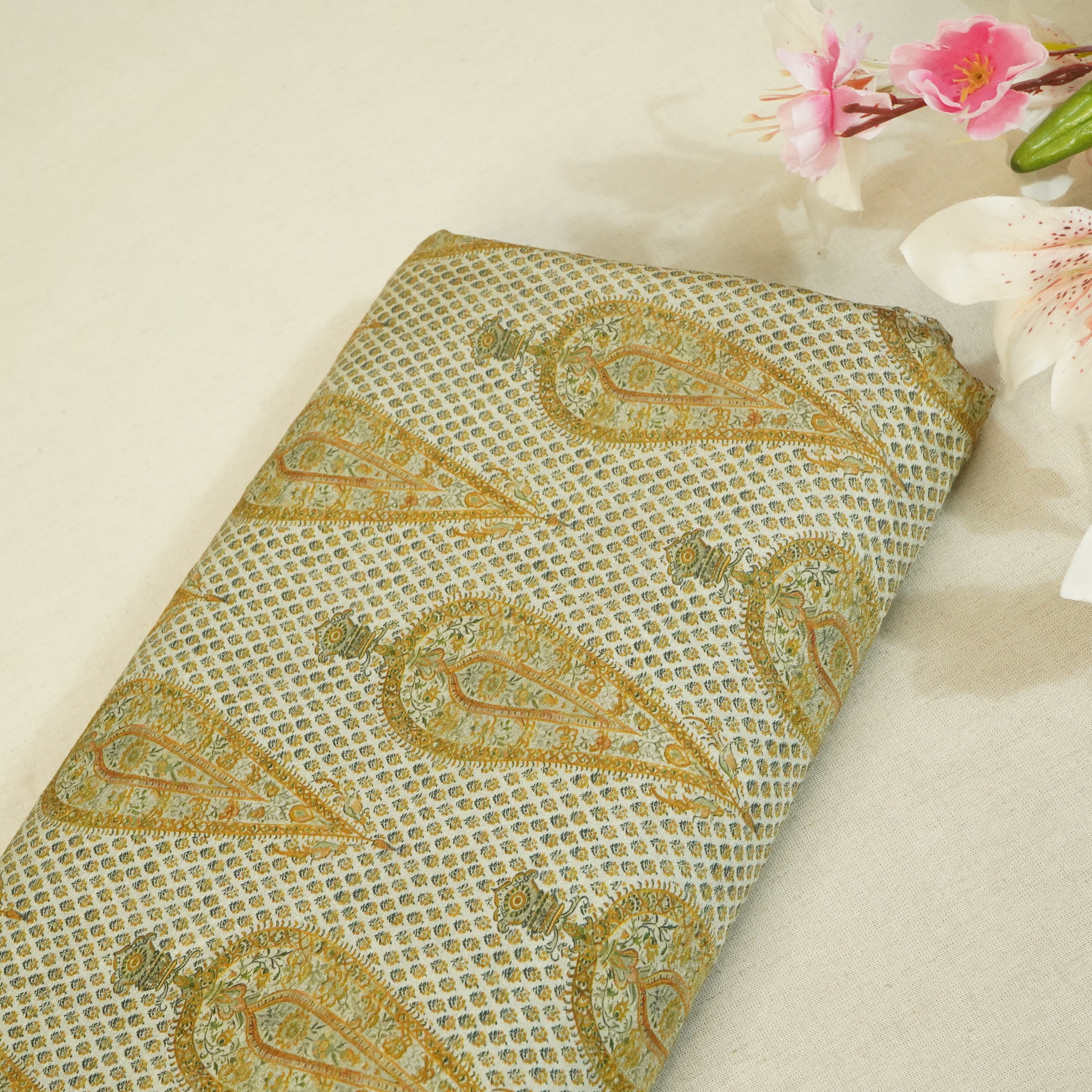 Mustard Yellow Floral Raw Silk Fabric-SNTF-26984 - TradeUNO