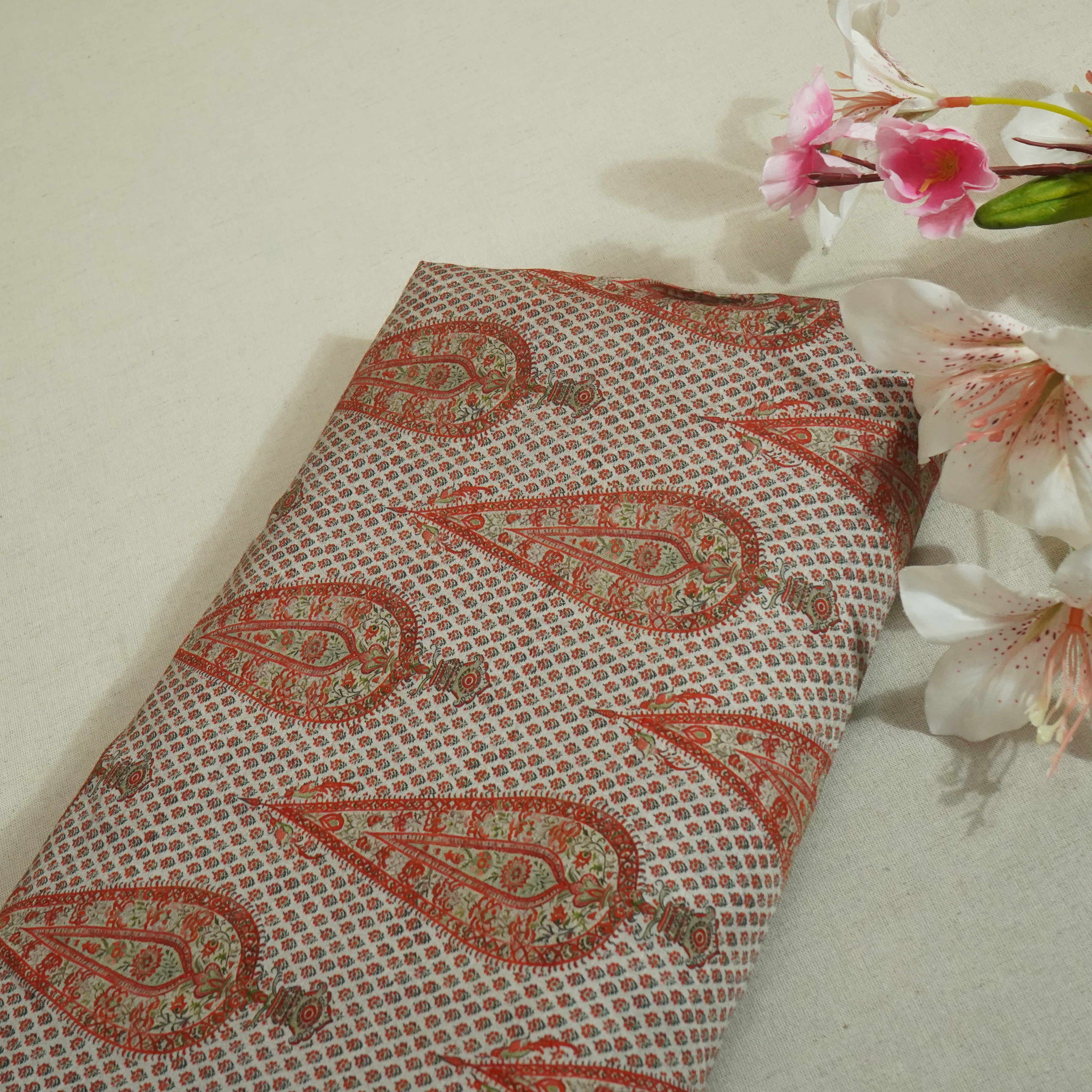 Orange Floral Raw Silk Fabric -SNTF-26987 - TradeUNO