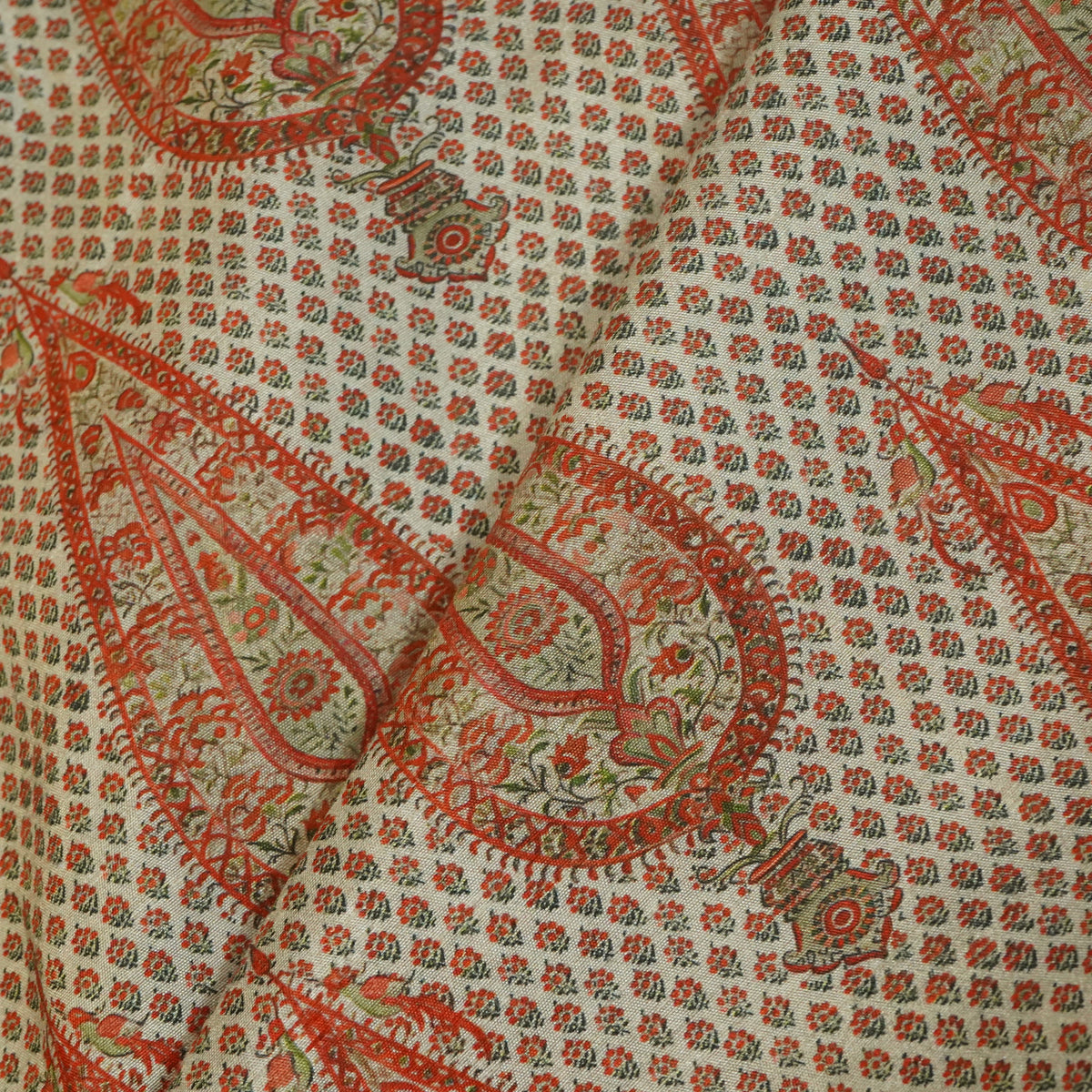 Orange Floral Raw Silk Fabric -SNTF-26987 - TradeUNO