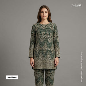 Bottle Green Zari Sequins Embroidery Georgette Fabric DR-32404 - TradeUNO