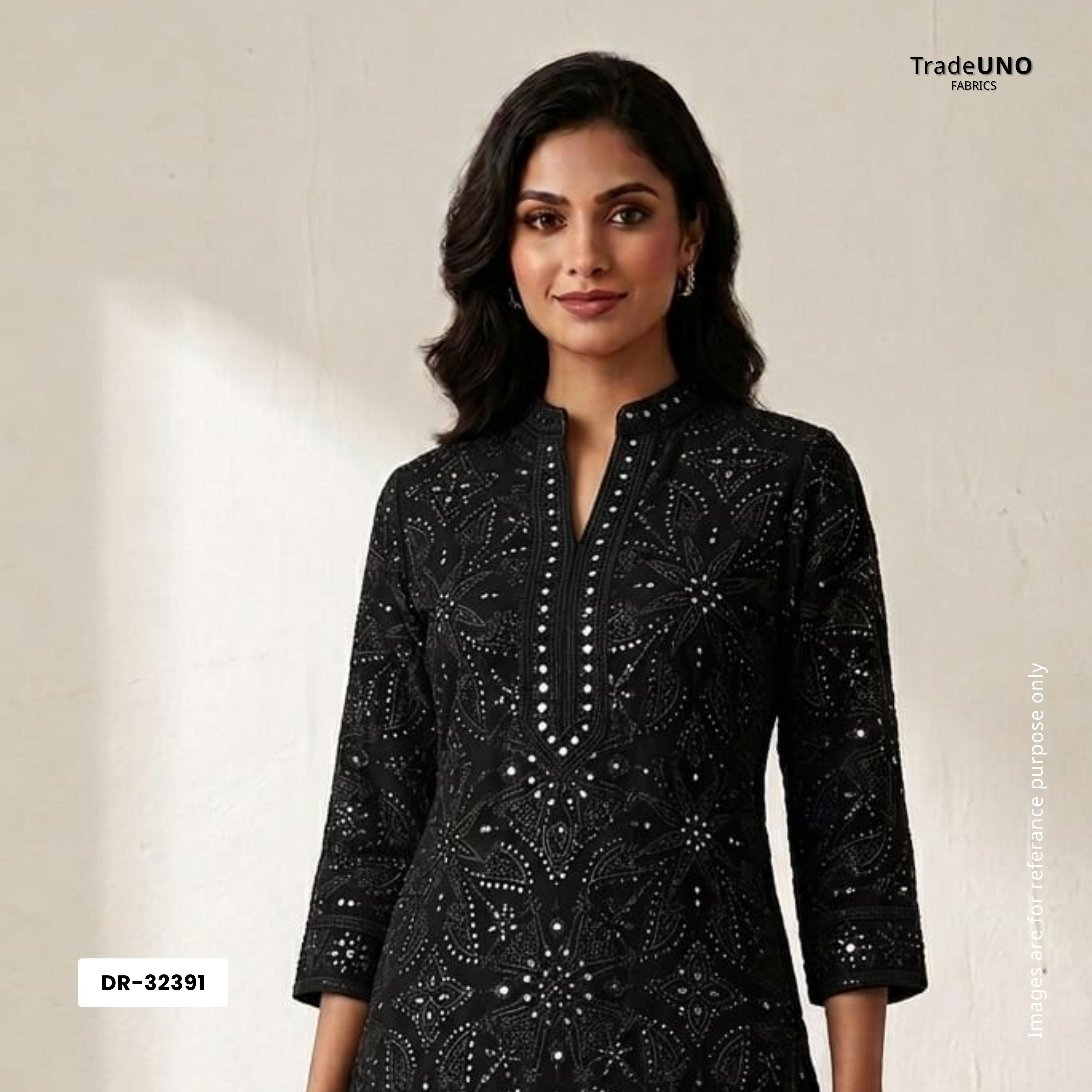 Black Mirror Thread Embroidery Georgette Fabric DR-32391 - TradeUNO