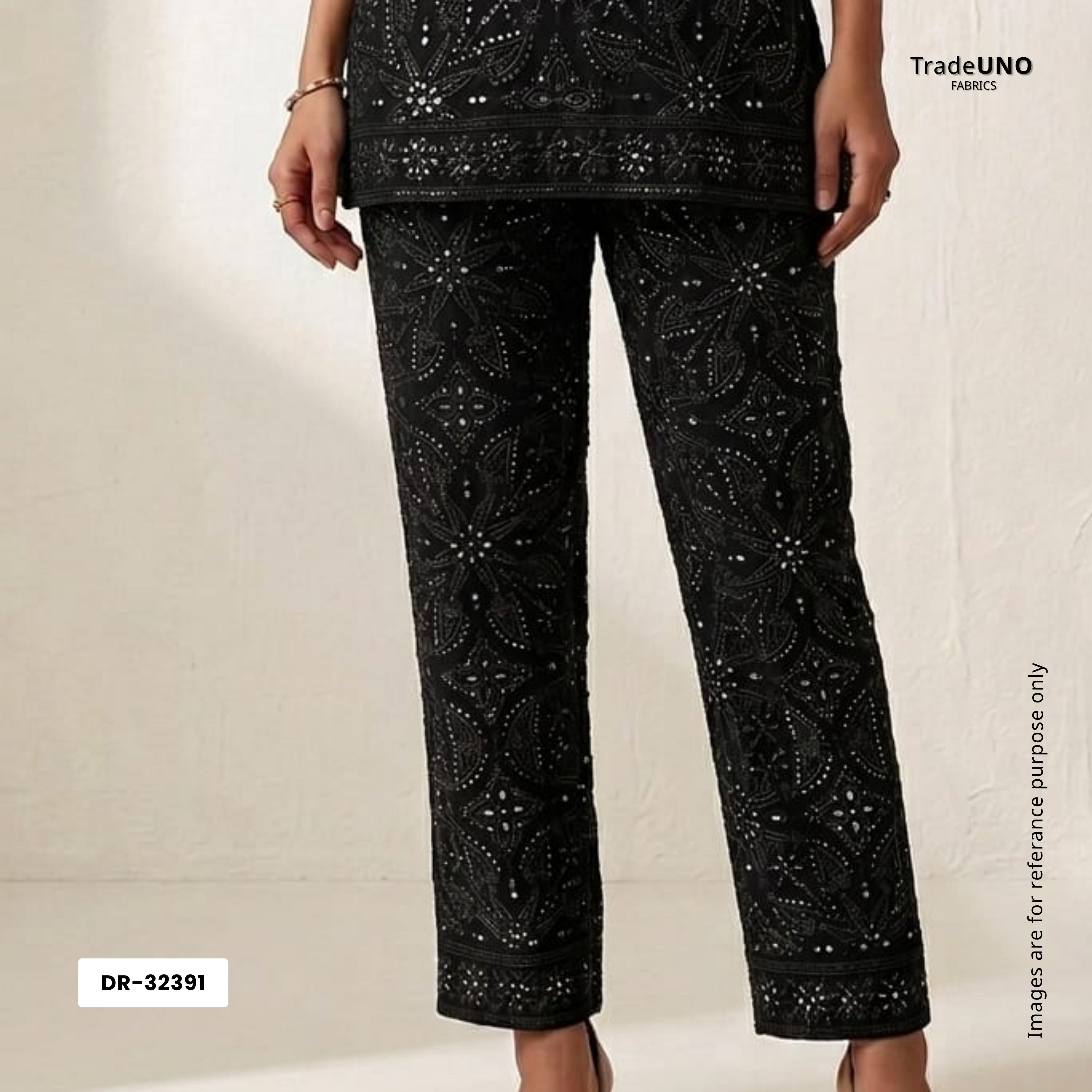 Black Mirror Thread Embroidery Georgette Fabric DR-32391 - TradeUNO