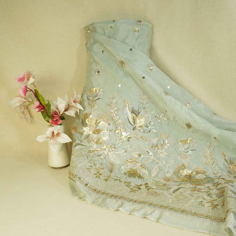 Light Green Zari Embroidery Sequence Glass Tissue KF-27196